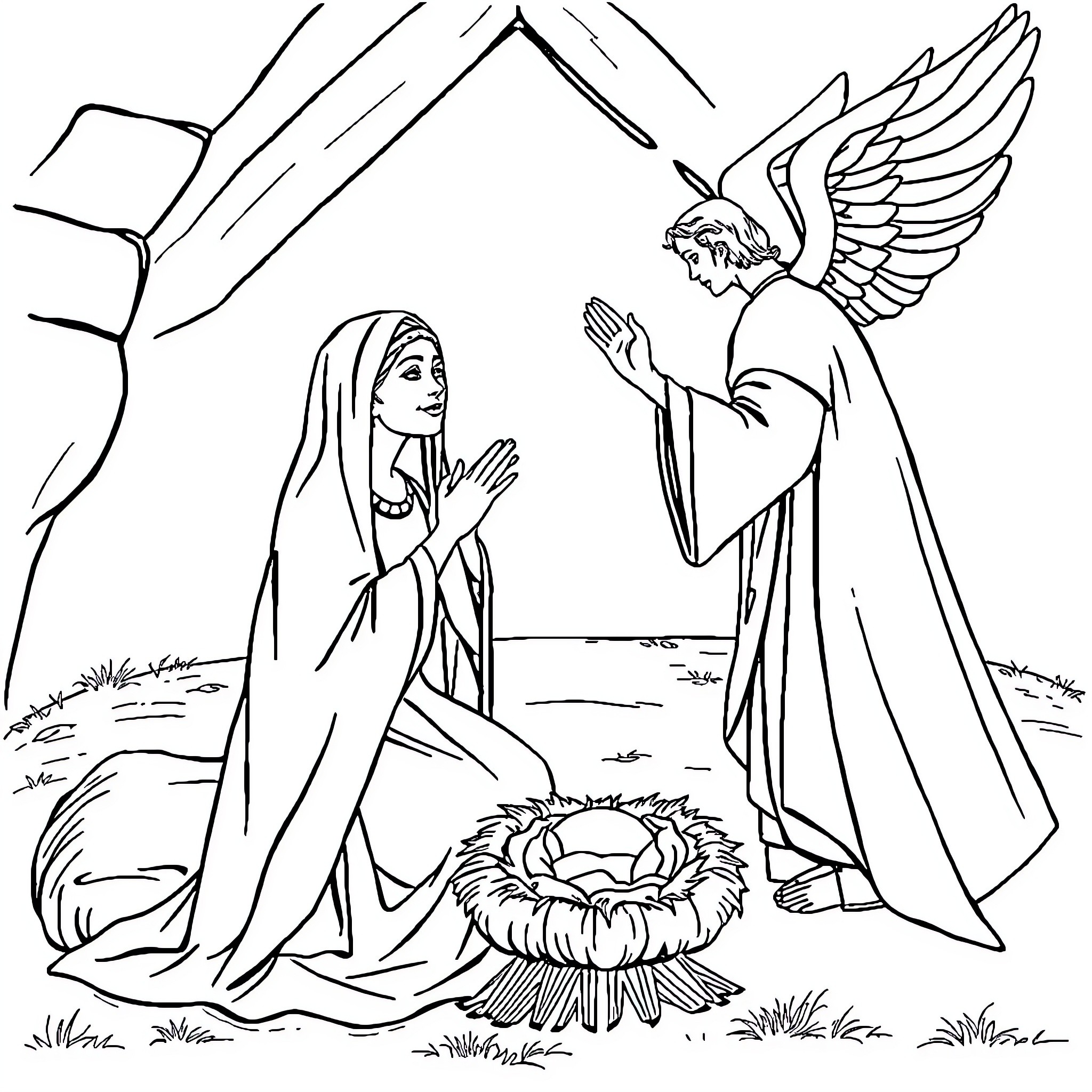 Annunciation of the angel to the Virgin Mary Coloring Page (free black-and-white line drawing printable PDF for all, from beginners to advanced learners, including children, teens, adults, and seniors)