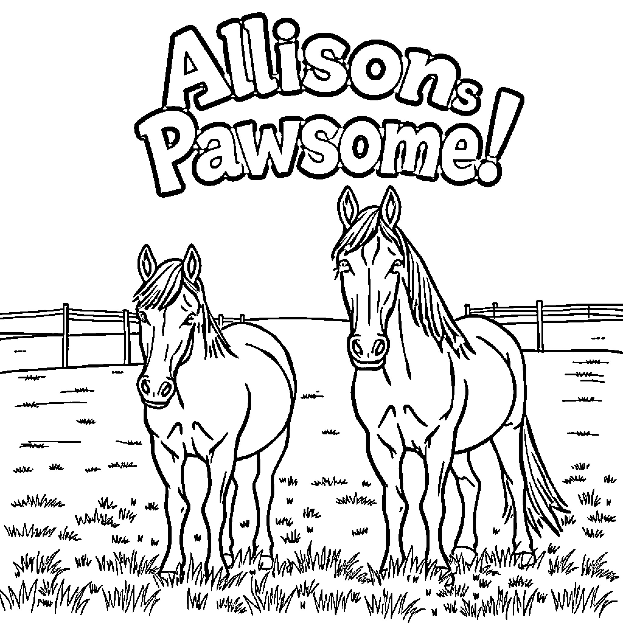 Horse duo in pastoral setting Coloring Page (free black-and-white line drawing printable PDF for all, from beginners to advanced learners, including children, teens, adults, and seniors)