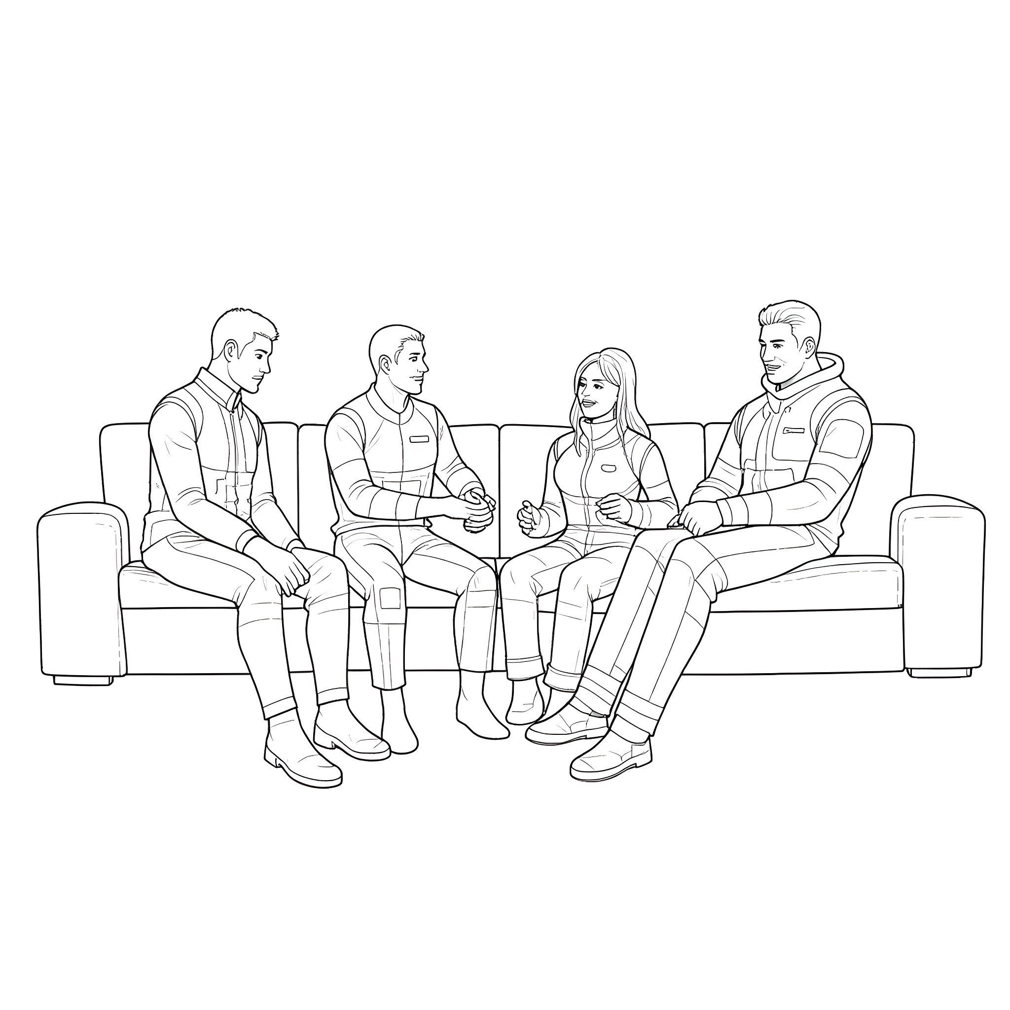 Mass Effect characters discussing mission plans Coloring Page (free black-and-white line drawing printable PDF for all, from beginners to advanced learners, including children, teens, adults, and seniors)