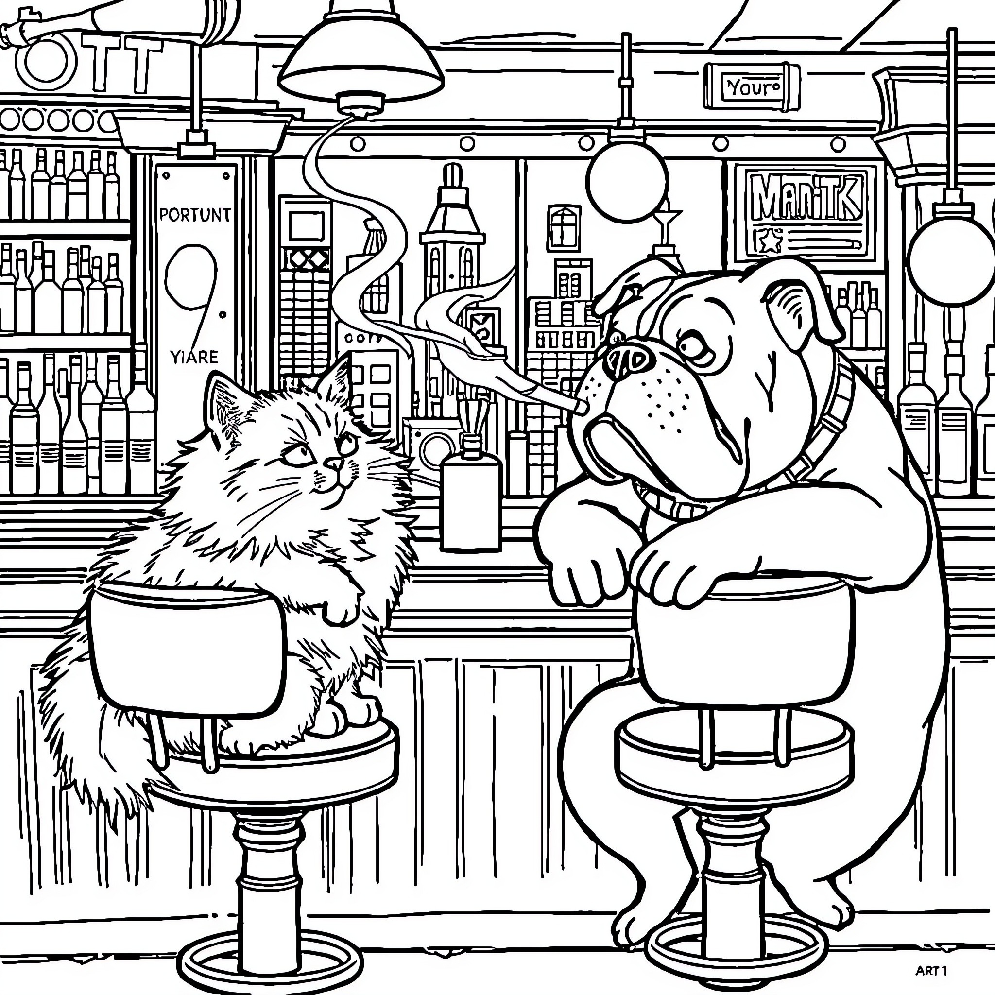 Cat and Dog Relaxing at the Bar Coloring Page (free black-and-white line drawing printable PDF for all, from beginners to advanced learners, including children, teens, adults, and seniors)