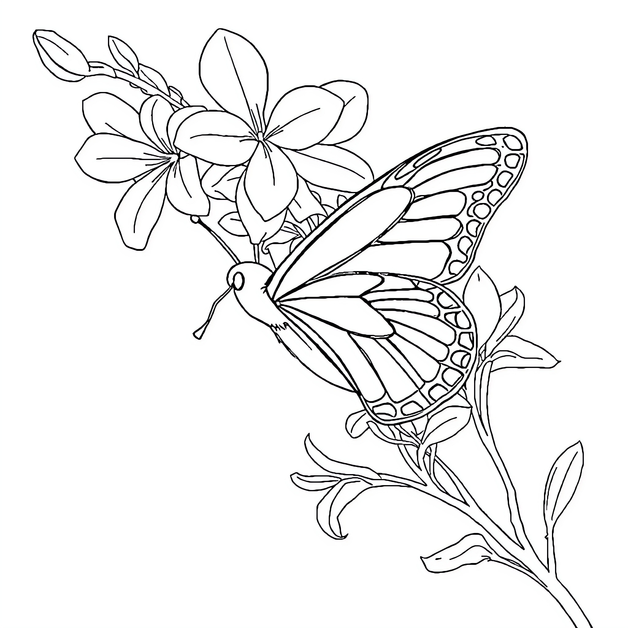 Papillon resting on beautiful flowers Coloring Page (free black-and-white line drawing printable PDF for all, from beginners to advanced learners, including children, teens, adults, and seniors)