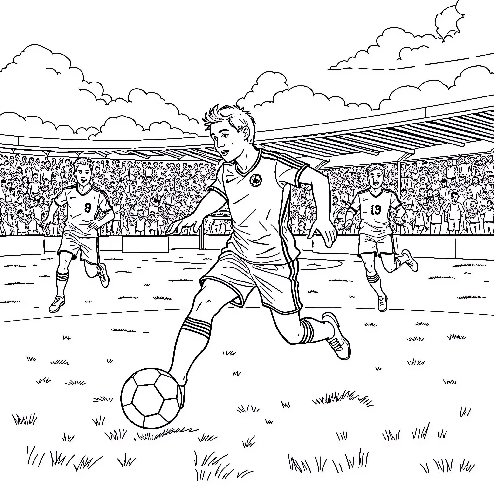 Miguel Grau's Soccer Game in the Stadium Coloring Page (free black-and-white line drawing printable PDF for all, from beginners to advanced learners, including children, teens, adults, and seniors)