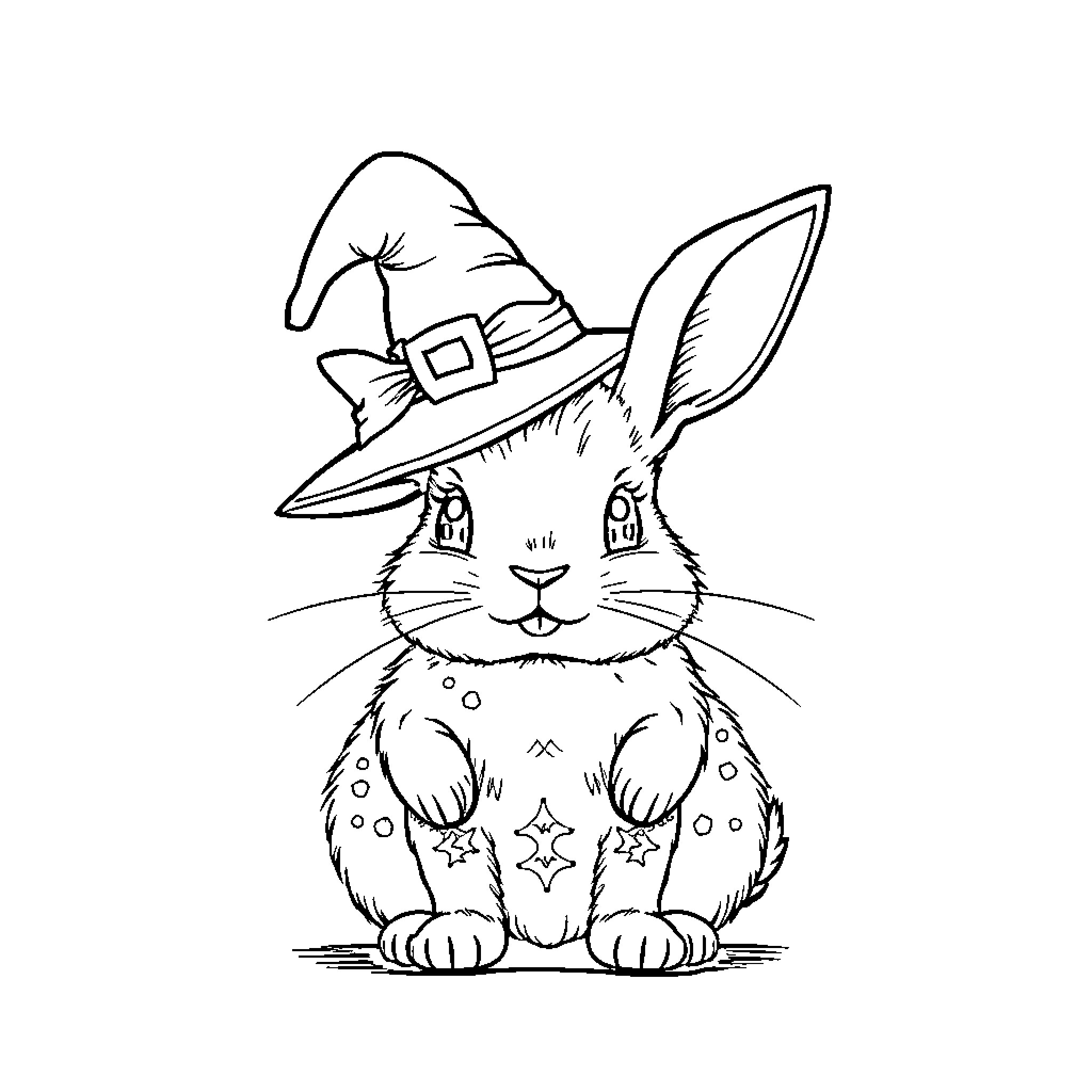 Bunny wearing a Halloween witch hat Coloring Page (free black-and-white line drawing printable PDF for all, from beginners to advanced learners, including children, teens, adults, and seniors)