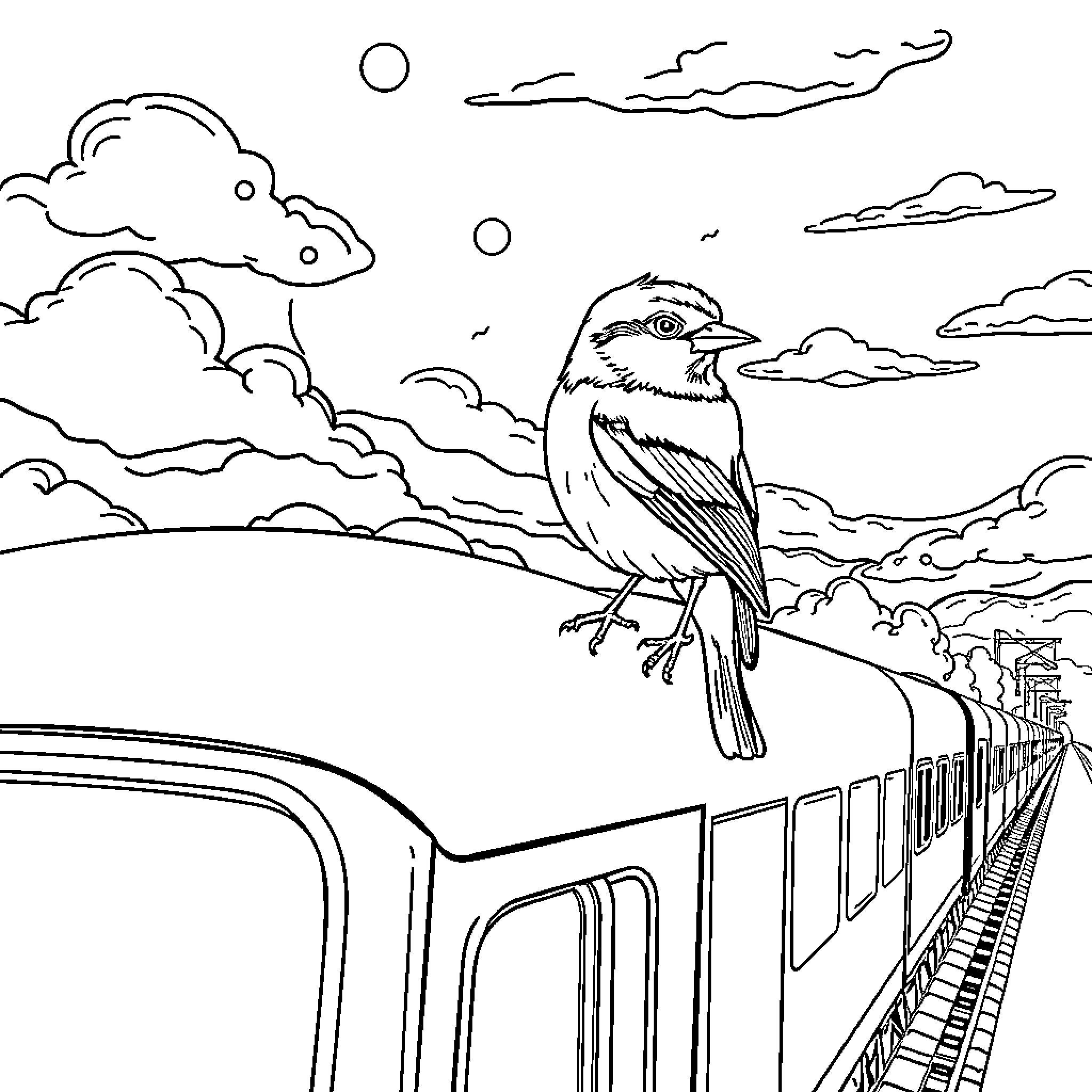 Shrike perched on the train track Coloring Page (free black-and-white line drawing printable PDF for all, from beginners to advanced learners, including children, teens, adults, and seniors)
