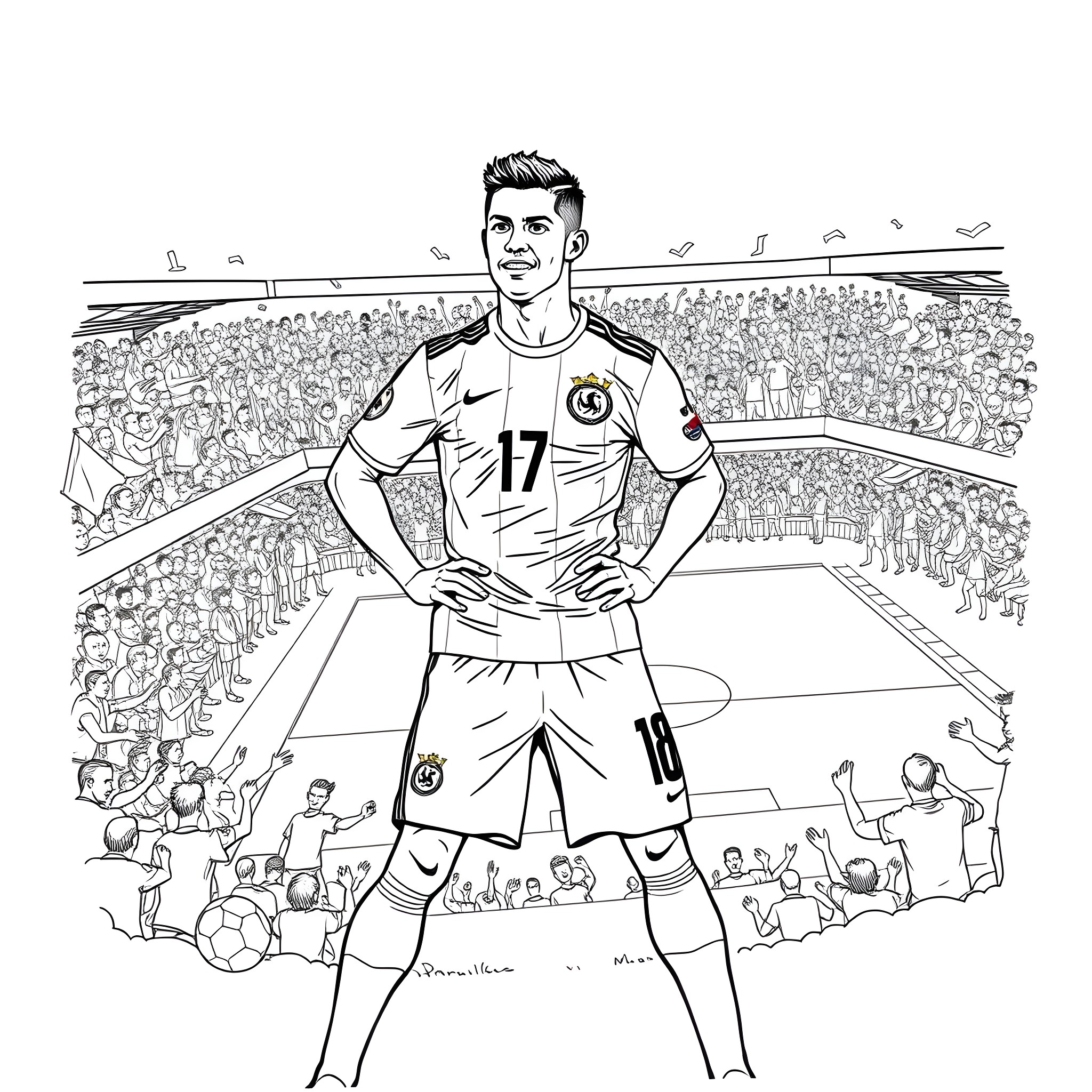 Ronaldo in action on the soccer field Coloring Page (free black-and-white line drawing printable PDF for all, from beginners to advanced learners, including children, teens, adults, and seniors)