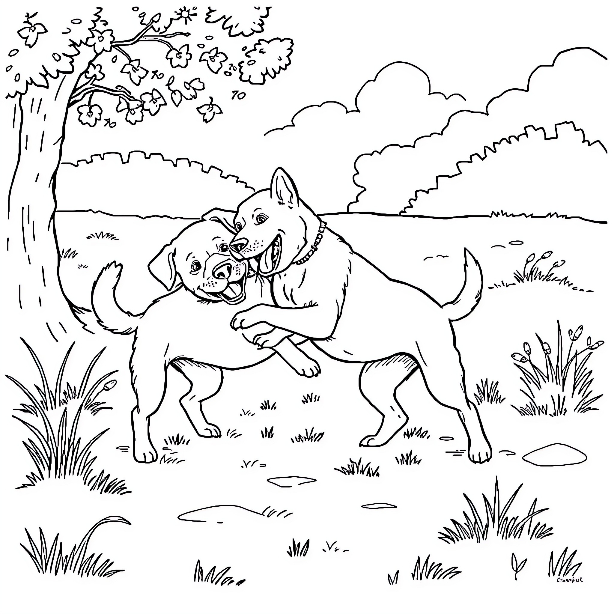Dog friends playing together in nature Coloring Page (free black-and-white line drawing printable PDF for all, from beginners to advanced learners, including children, teens, adults, and seniors)