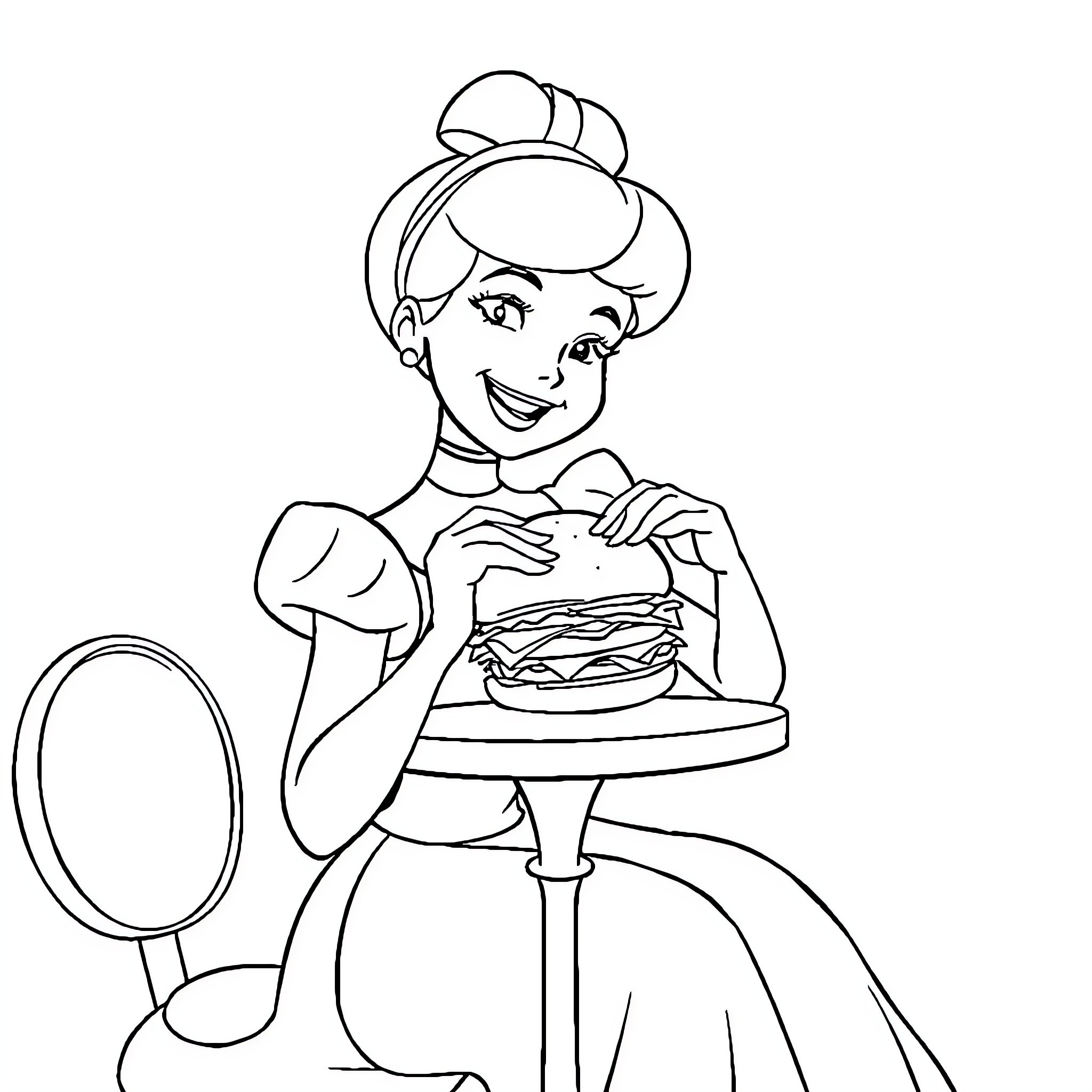 Cinderella admiring her freshly baked treat Coloring Page (free black-and-white line drawing printable PDF for all, from beginners to advanced learners, including children, teens, adults, and seniors)