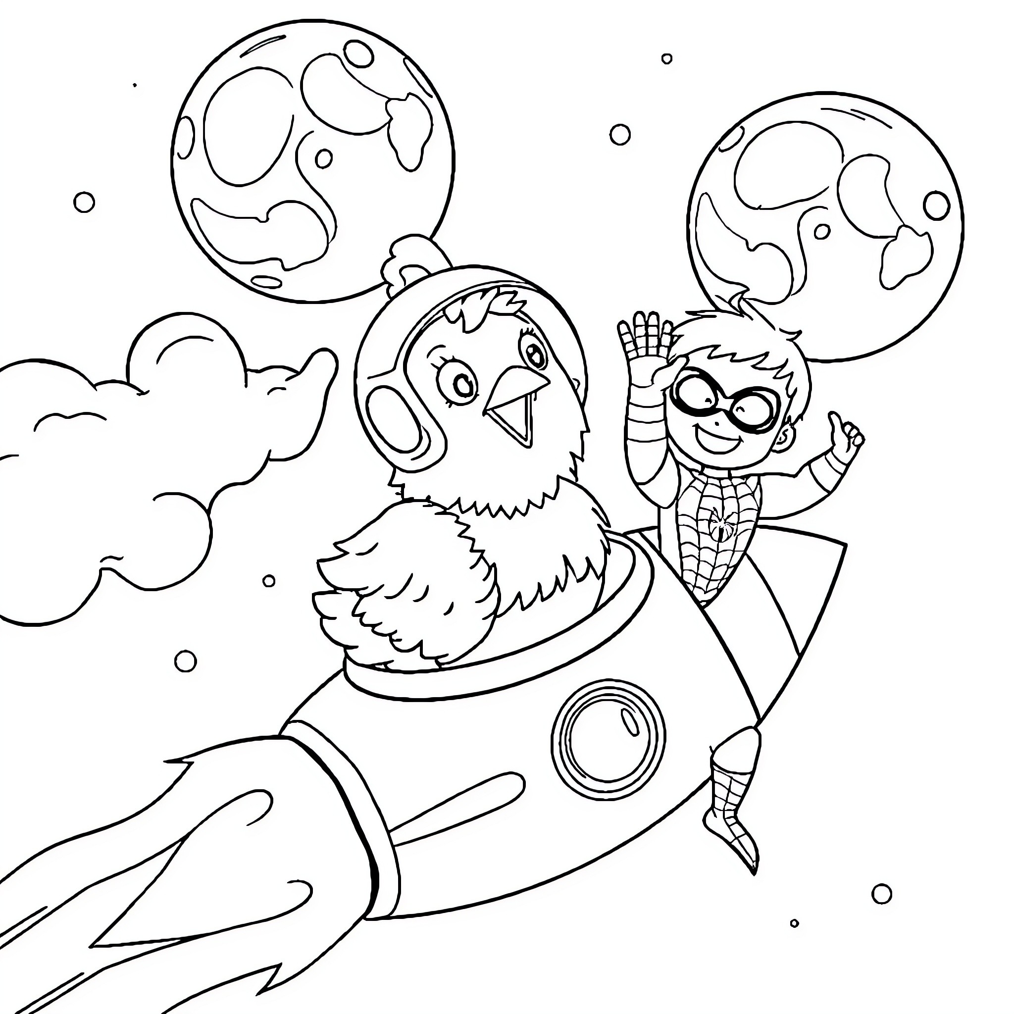 Chicken astronaut exploring space with alien friend Coloring Page (free black-and-white line drawing printable PDF for all, from beginners to advanced learners, including children, teens, adults, and seniors)