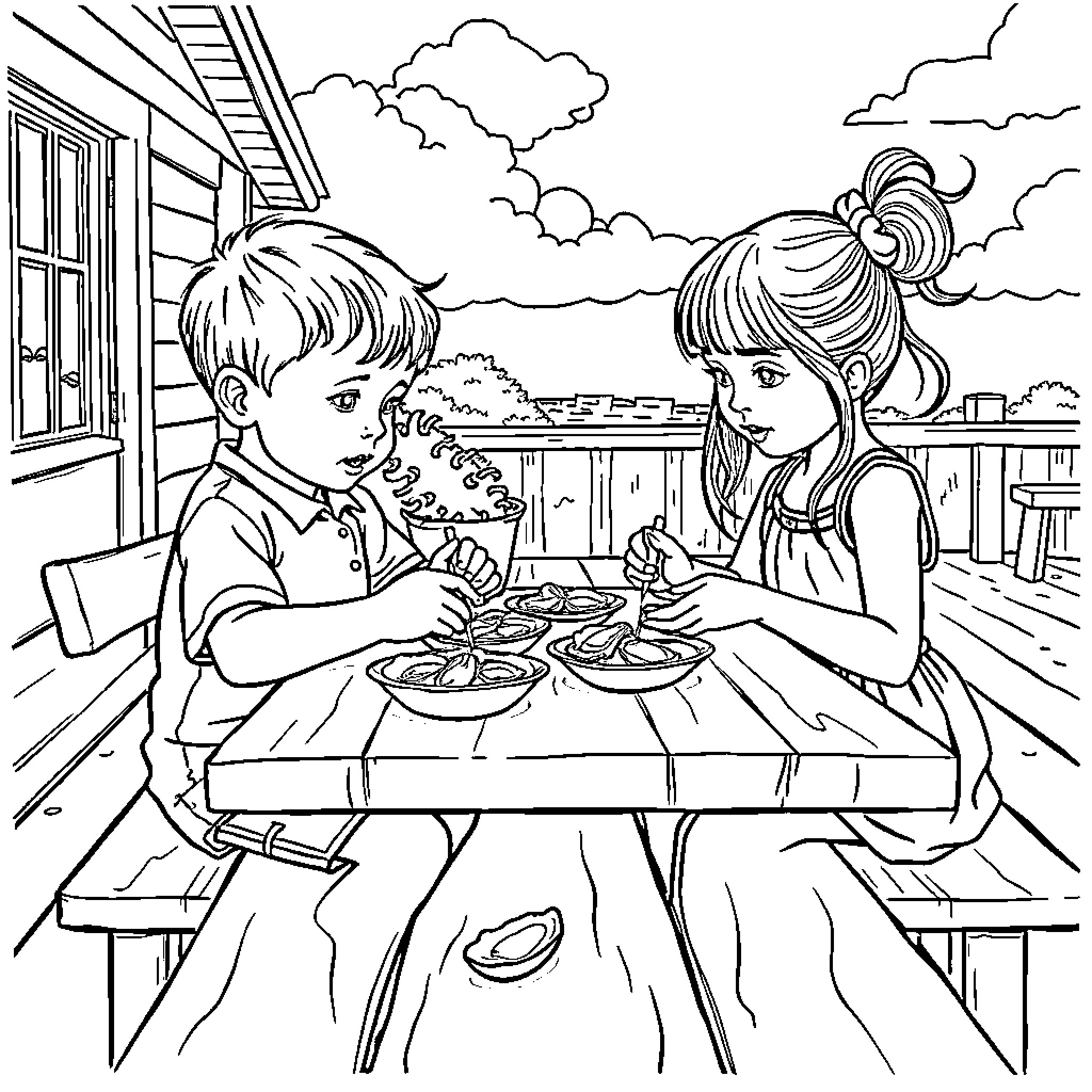 Child siblings sharing a meal outdoors Coloring Page (free black-and-white line drawing printable PDF for all, from beginners to advanced learners, including children, teens, adults, and seniors)
