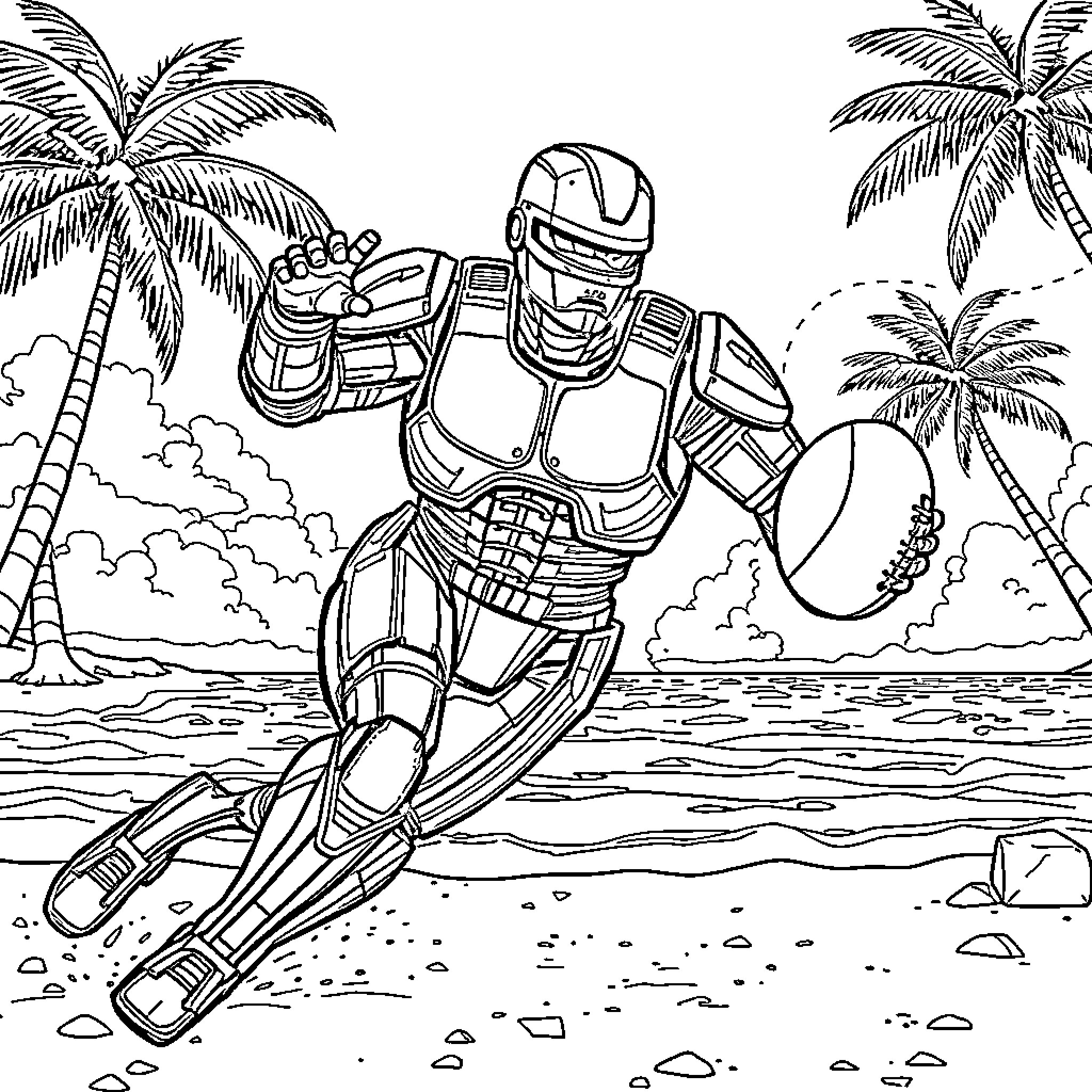 Robocop taking vacation on tropical beach Coloring Page (free black-and-white line drawing printable PDF for all, from beginners to advanced learners, including children, teens, adults, and seniors)