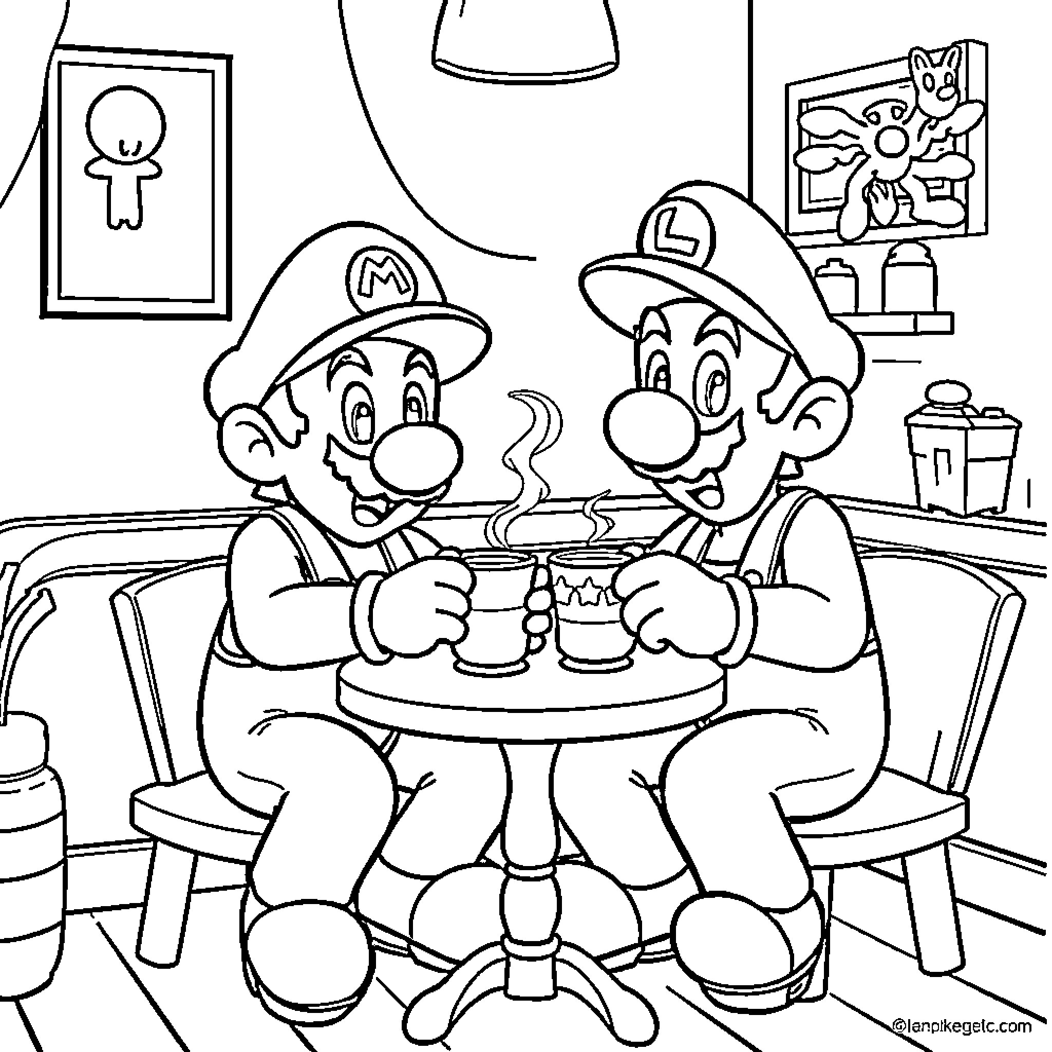 Mario and Luigi enjoying a hot beverage together Coloring Page (free black-and-white line drawing printable PDF for all, from beginners to advanced learners, including children, teens, adults, and seniors)
