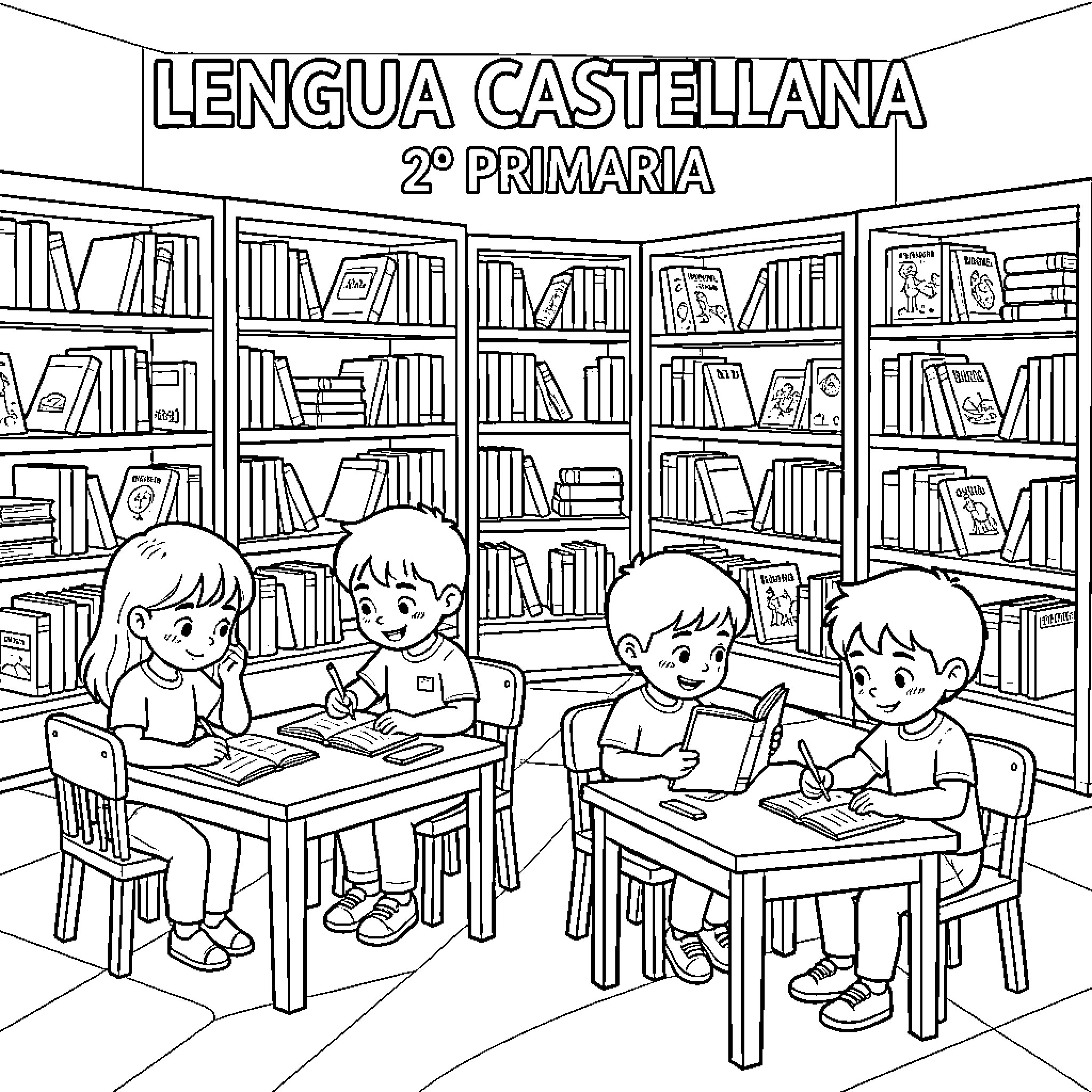 Niño and classmates studying books in a library Coloring Page (free black-and-white line drawing printable PDF for all, from beginners to advanced learners, including children, teens, adults, and seniors)