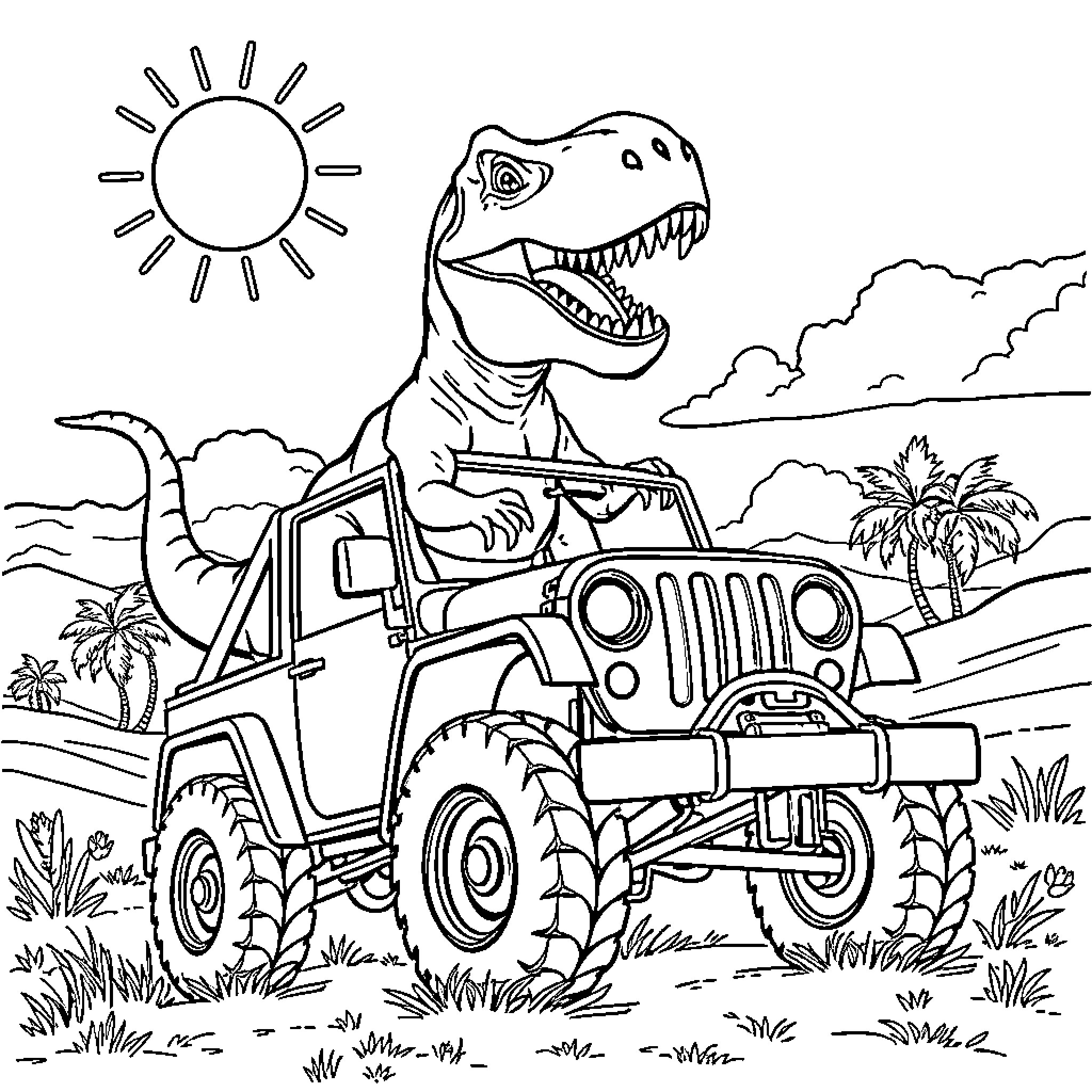 T-Rex driving rugged vehicle through lush landscape Coloring Page (free black-and-white line drawing printable PDF for all, from beginners to advanced learners, including children, teens, adults, and seniors)