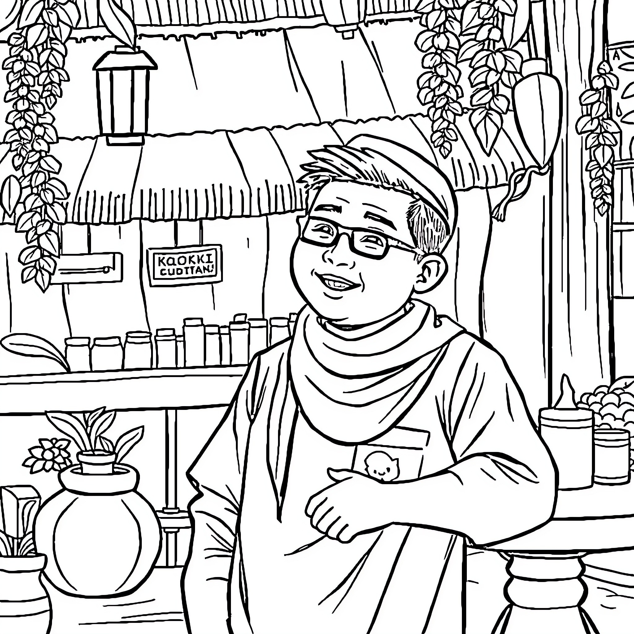 Trisuci Johan at his plant shop Coloring Page (free black-and-white line drawing printable PDF for all, from beginners to advanced learners, including children, teens, adults, and seniors)