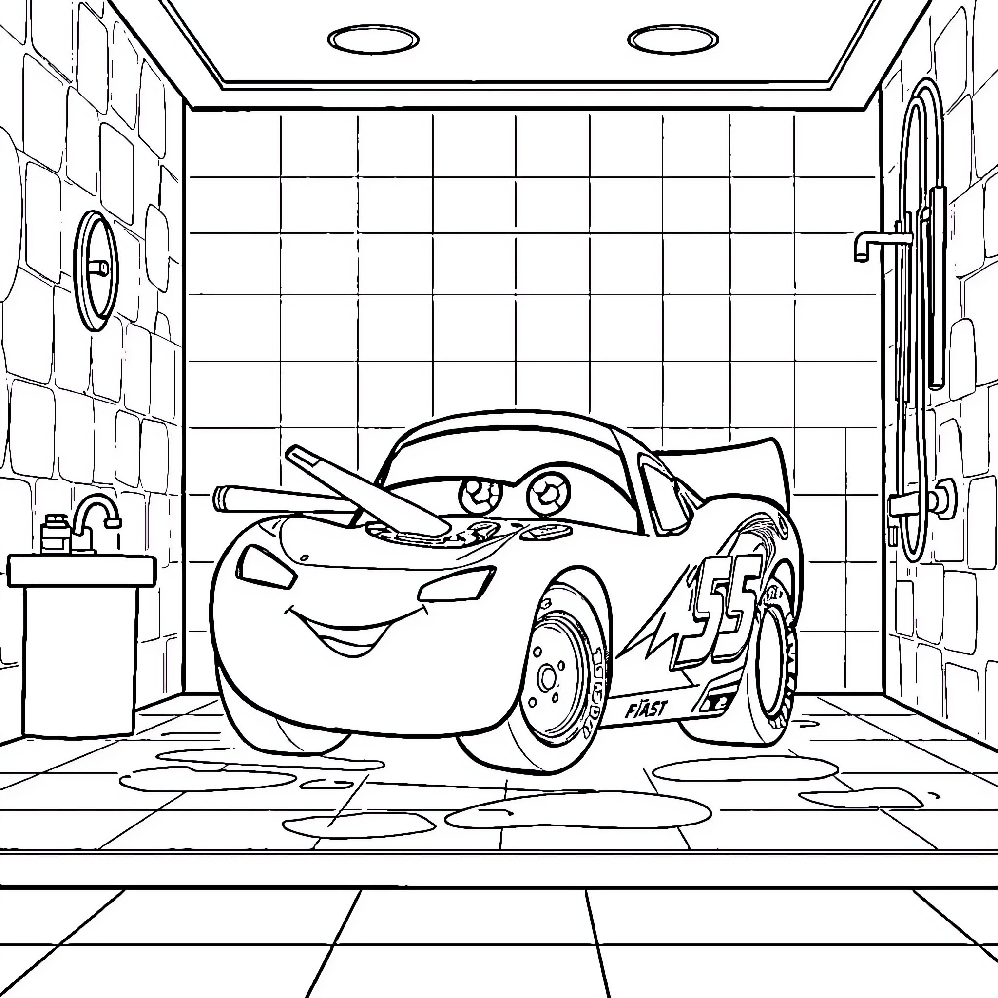 Flash McQueen in the Garage for a Tune-Up Coloring Page (free black-and-white line drawing printable PDF for all, from beginners to advanced learners, including children, teens, adults, and seniors)