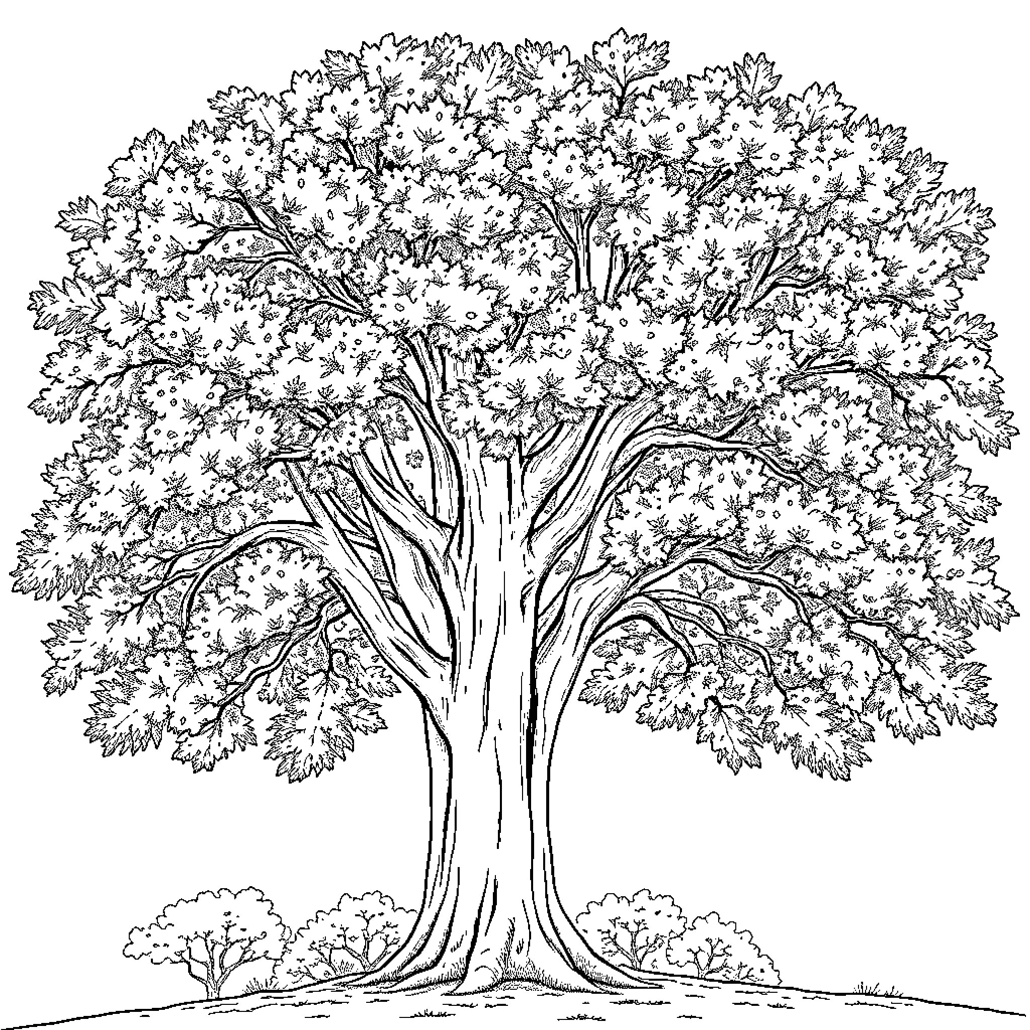 Beech Tree with Lush, Intricate Foliage Coloring Page (free black-and-white line drawing printable PDF for all, from beginners to advanced learners, including children, teens, adults, and seniors)