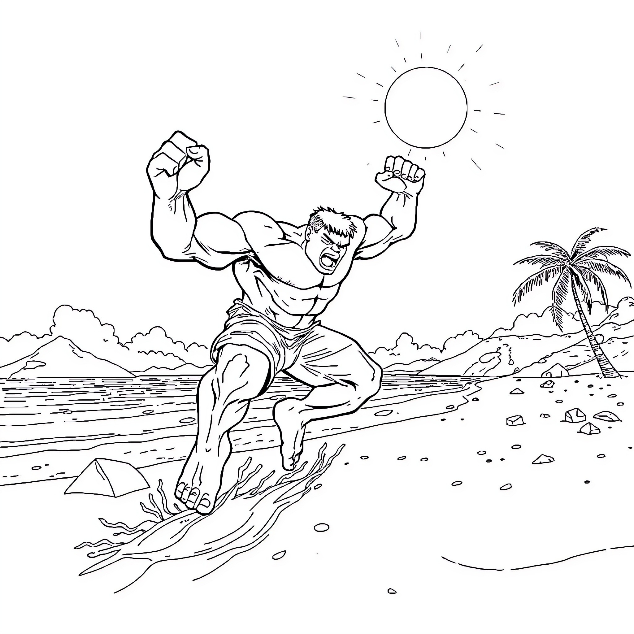 Hulk Unleashing Power on the Beach Coloring Page (free black-and-white line drawing printable PDF for all, from beginners to advanced learners, including children, teens, adults, and seniors)