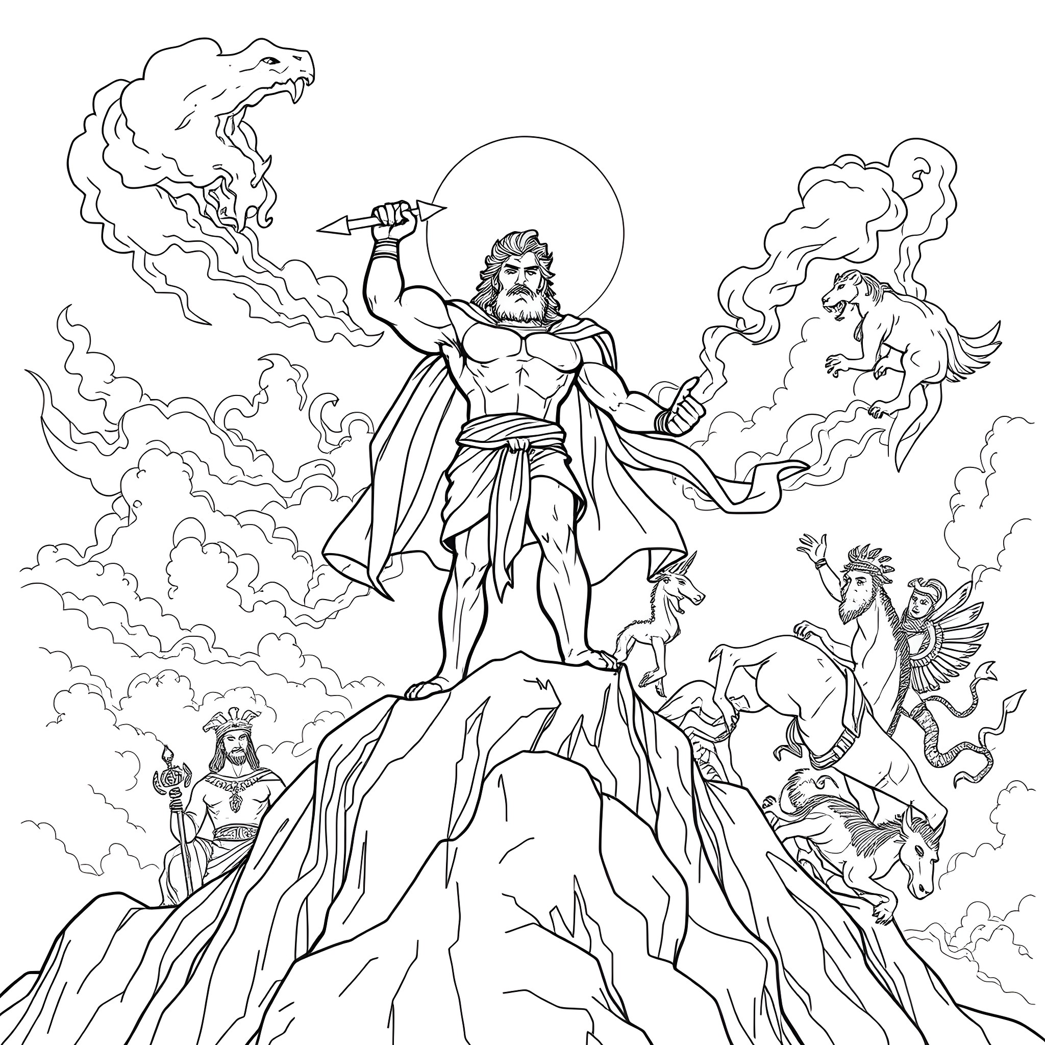 Hercules, the Mighty Demigod, Confronts Mythical Beasts Coloring Page (free black-and-white line drawing printable PDF for all, from beginners to advanced learners, including children, teens, adults, and seniors)