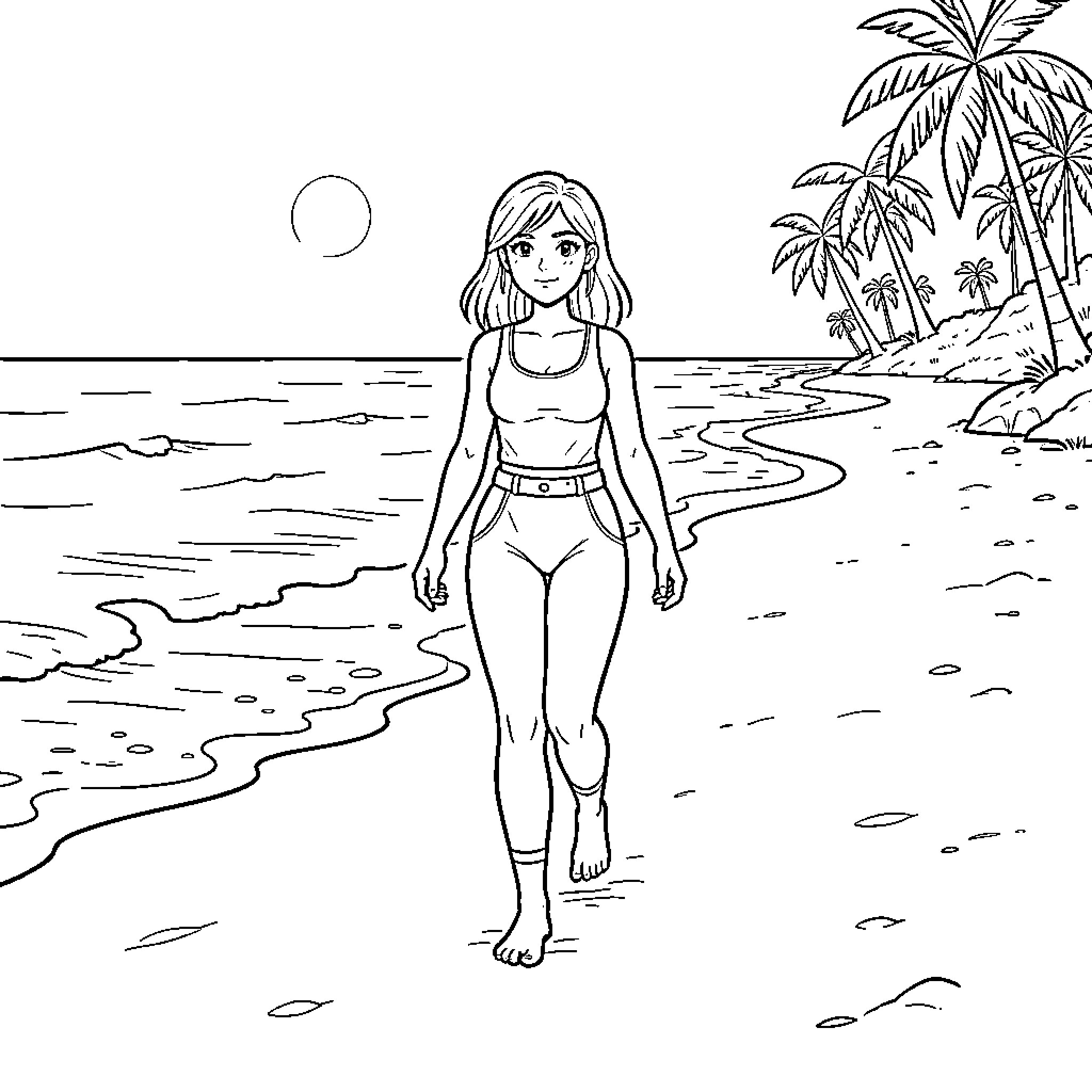 Sasha walking peacefully along a tropical beach Coloring Page (free black-and-white line drawing printable PDF for all, from beginners to advanced learners, including children, teens, adults, and seniors)