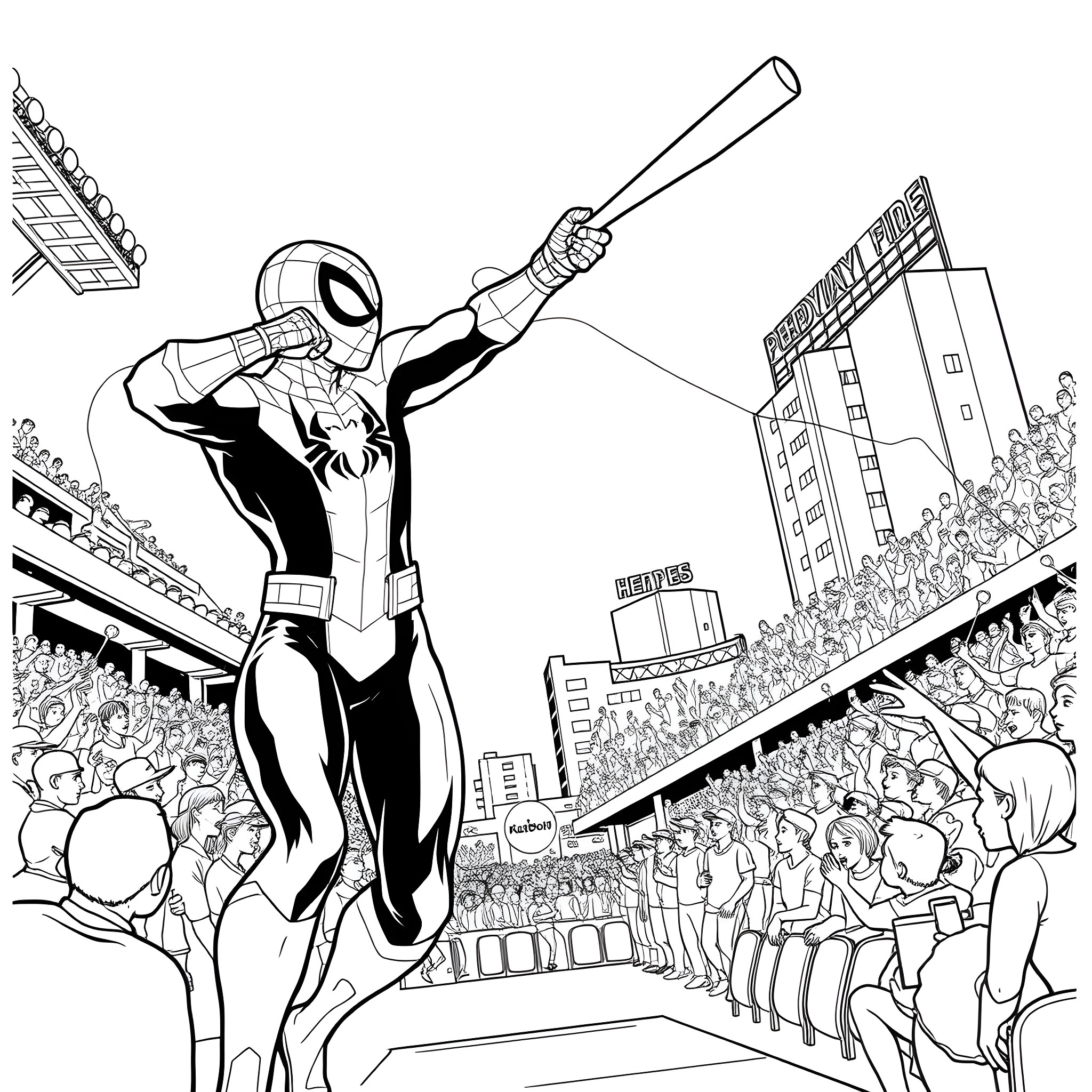 Spiderman in action at a sports event Coloring Page (free black-and-white line drawing printable PDF for all, from beginners to advanced learners, including children, teens, adults, and seniors)