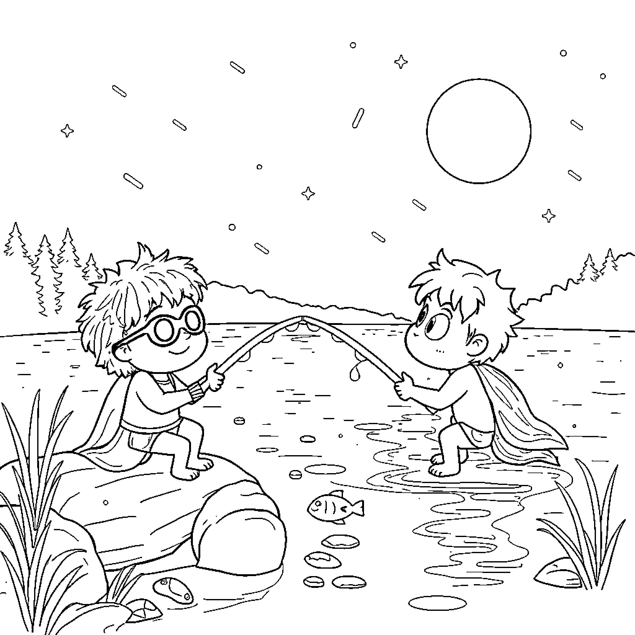 Superthings Enjoying Summer Fun by the Lake Coloring Page (free black-and-white line drawing printable PDF for all, from beginners to advanced learners, including children, teens, adults, and seniors)
