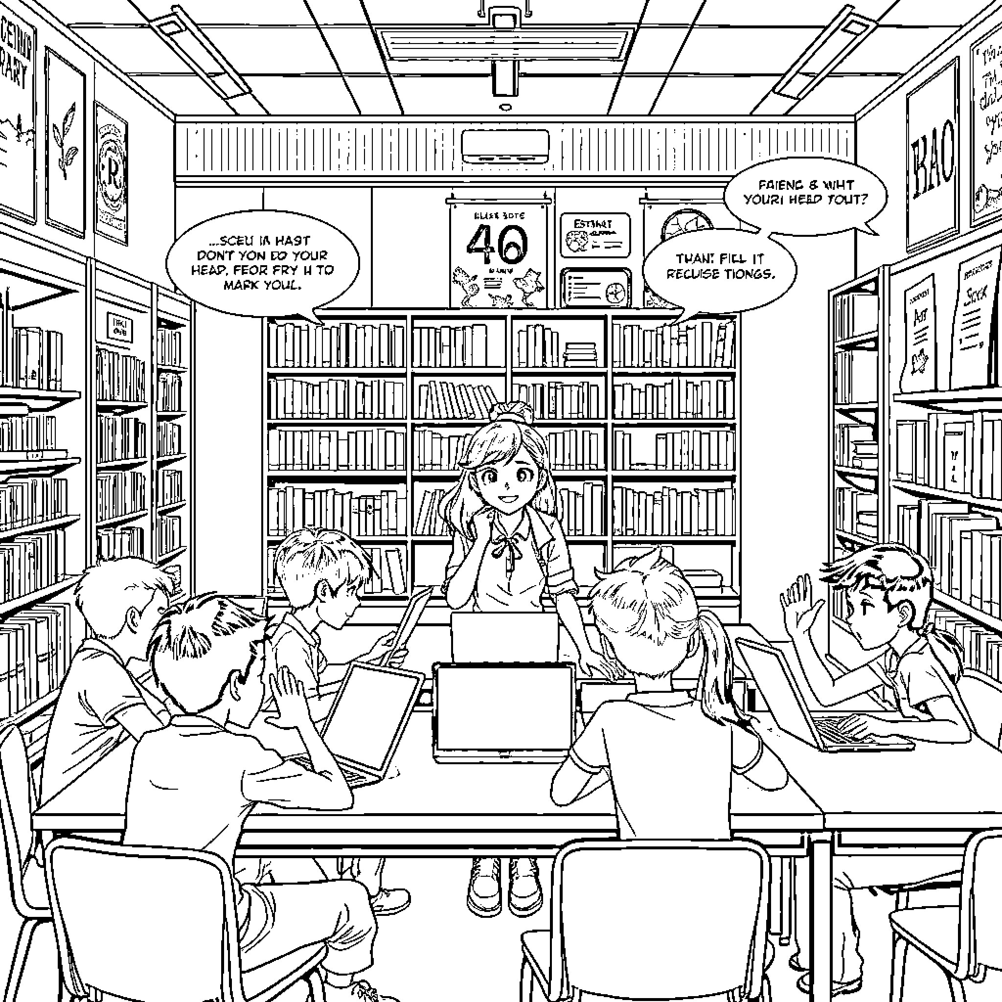 Librarian assisting students in the school library Coloring Page (free black-and-white line drawing printable PDF for all, from beginners to advanced learners, including children, teens, adults, and seniors)