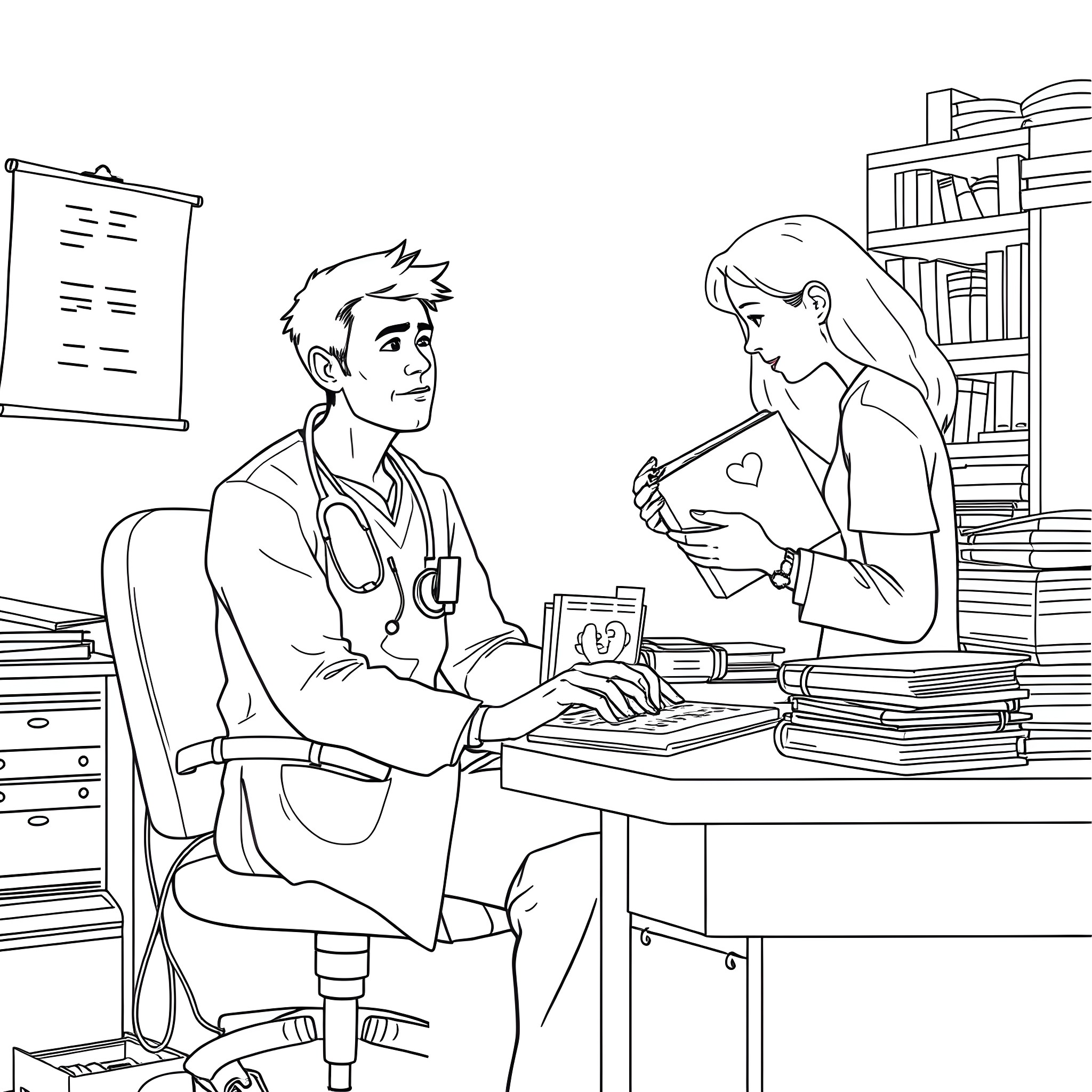 Medical Resident Consulting with Patient in Office Coloring Page (free black-and-white line drawing printable PDF for all, from beginners to advanced learners, including children, teens, adults, and seniors)