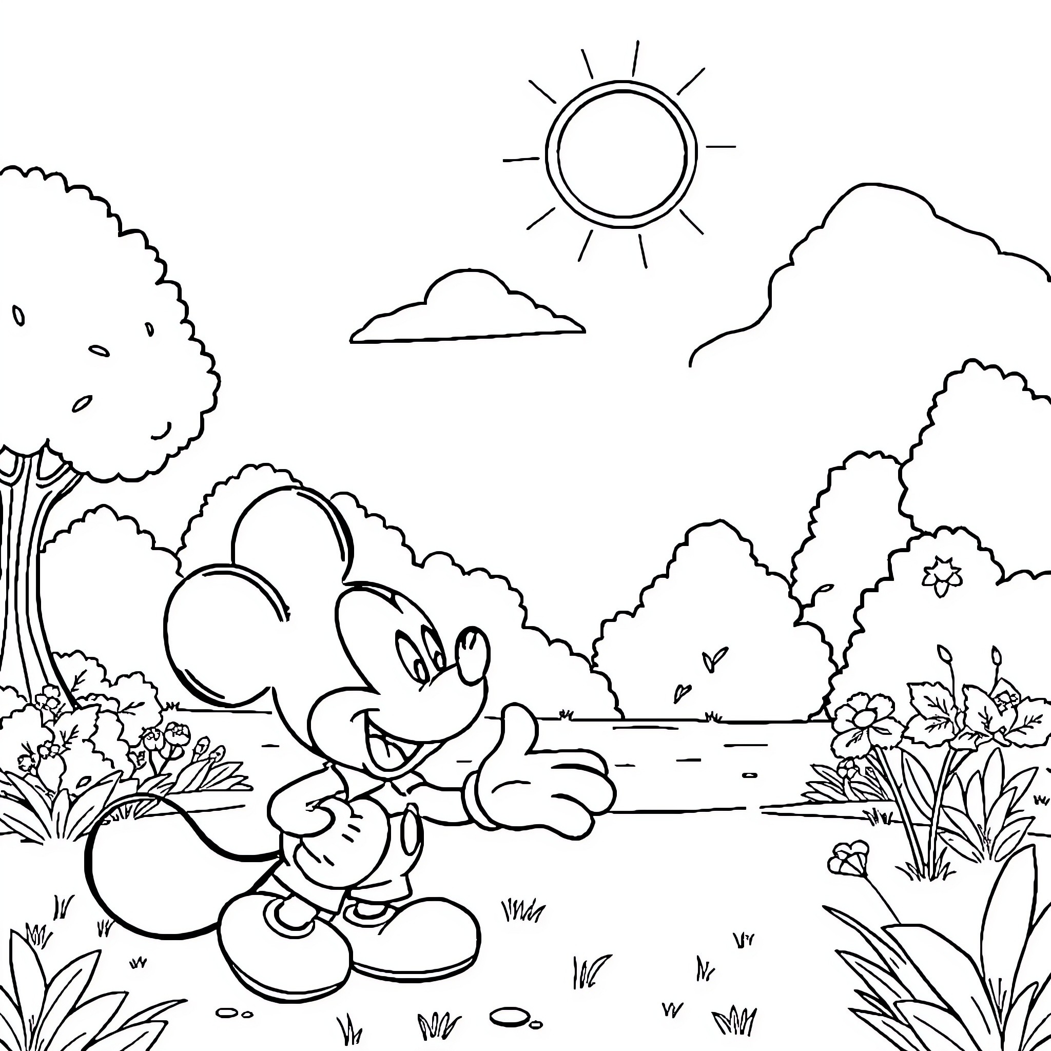Naturo's Serene Landscape with Joyful Mickey Coloring Page (free black-and-white line drawing printable PDF for all, from beginners to advanced learners, including children, teens, adults, and seniors)