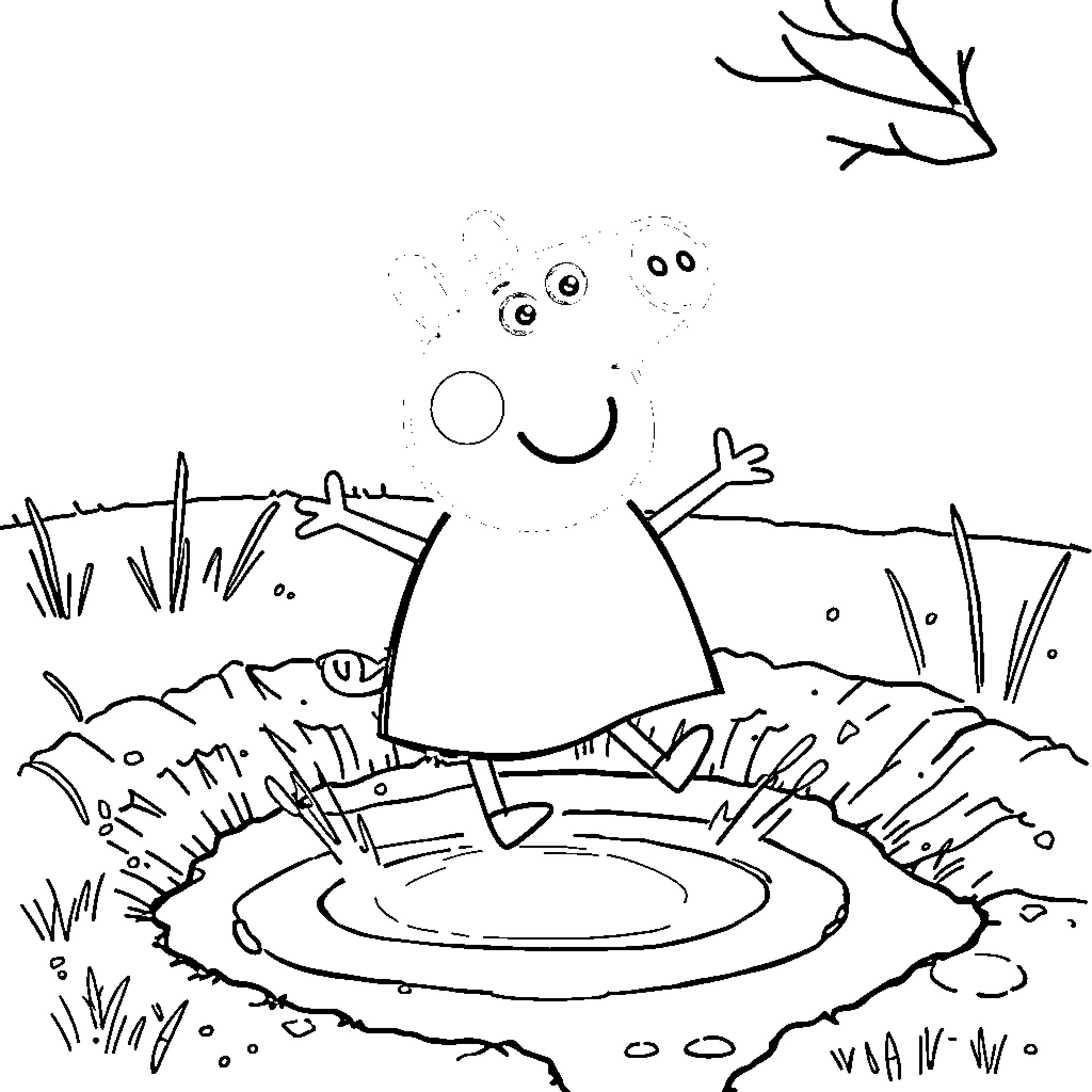 Peppa Pig playing in a puddle Coloring Page (free black-and-white line drawing printable PDF for all, from beginners to advanced learners, including children, teens, adults, and seniors)