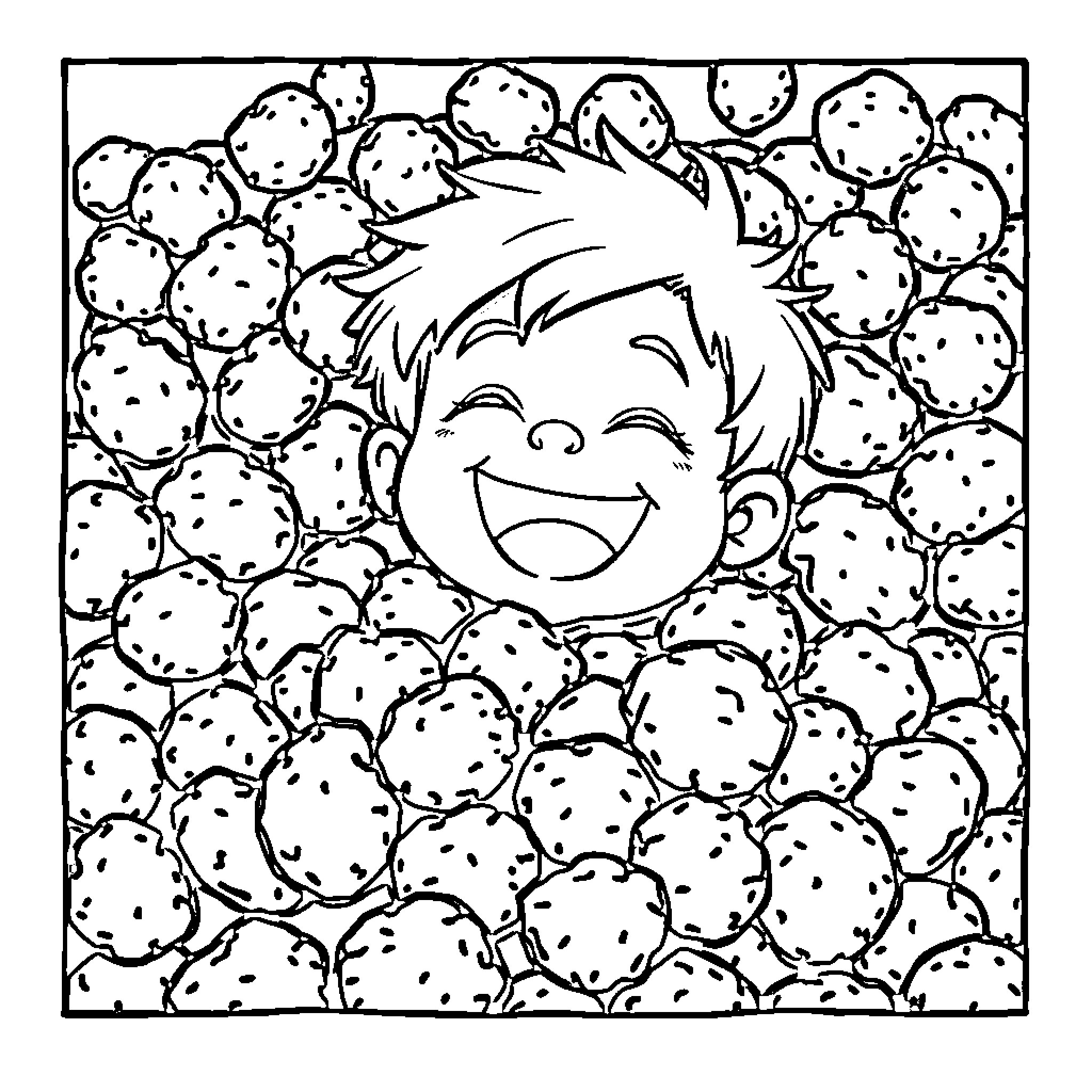 Kid joyfully playing in spotted balls Coloring Page (free black-and-white line drawing printable PDF for all, from beginners to advanced learners, including children, teens, adults, and seniors)