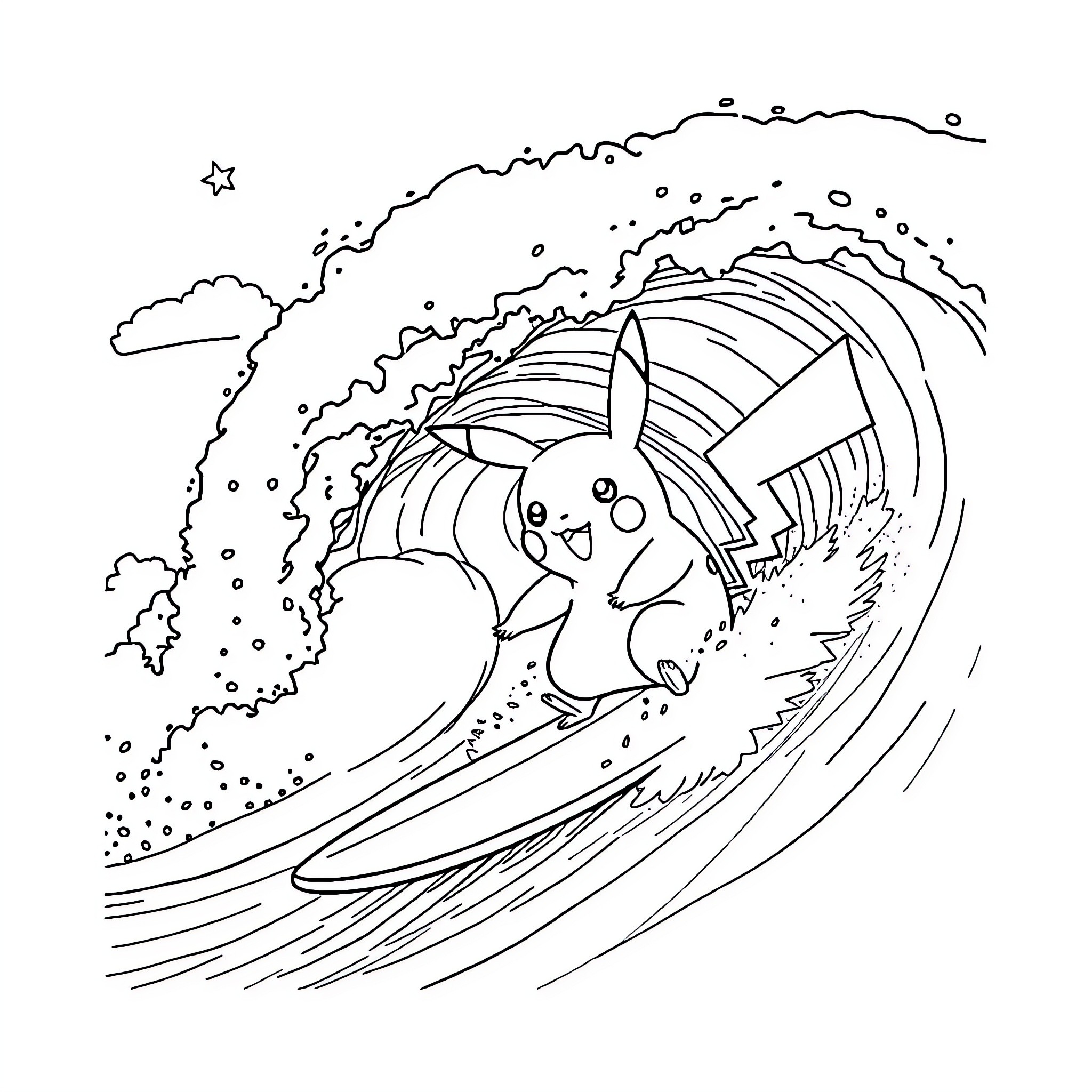 Pikachu surfing on a cosmic wave Coloring Page (free black-and-white line drawing printable PDF for all, from beginners to advanced learners, including children, teens, adults, and seniors)