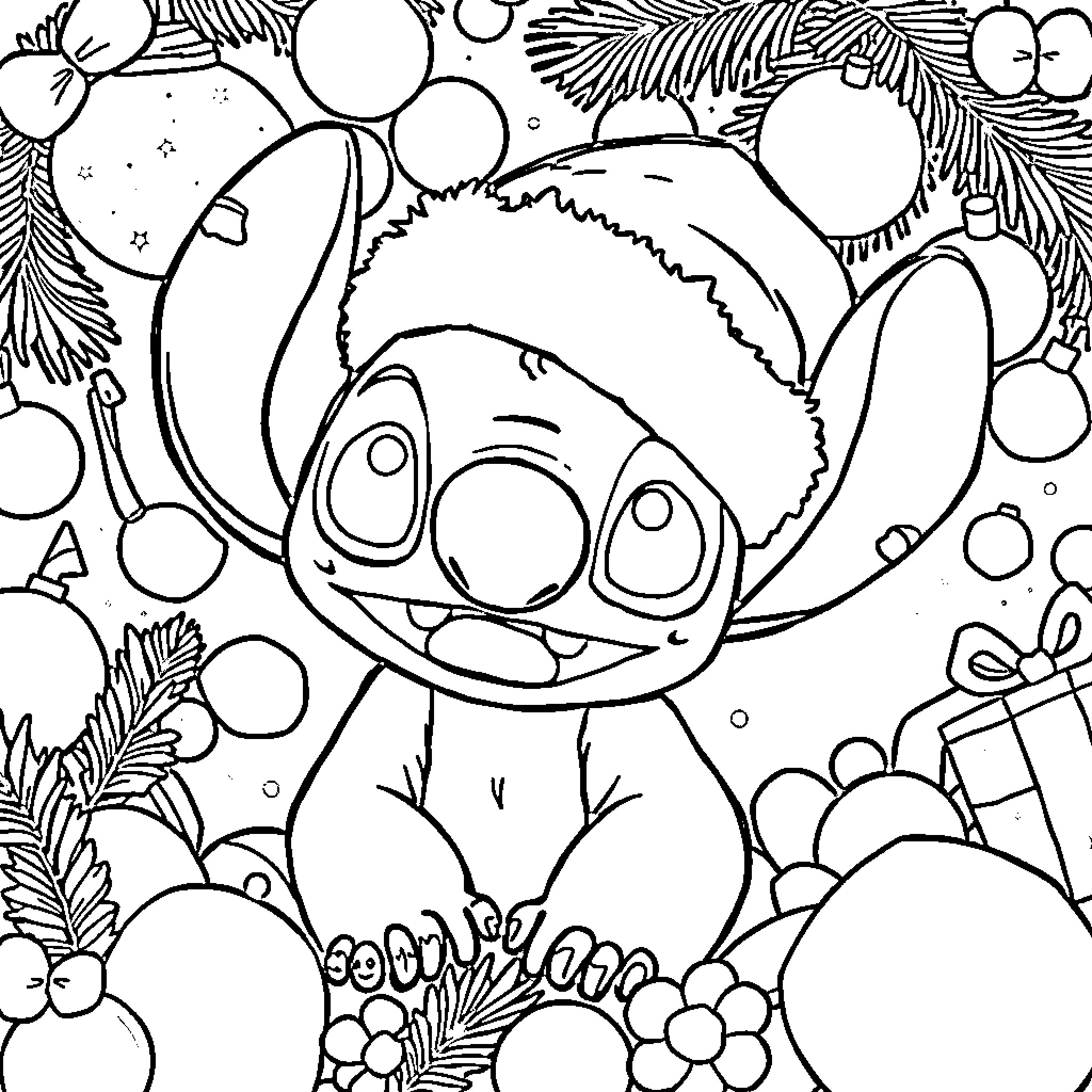 Stitch's Festive Adventure Coloring Page (free black-and-white line drawing printable PDF for all, from beginners to advanced learners, including children, teens, adults, and seniors)