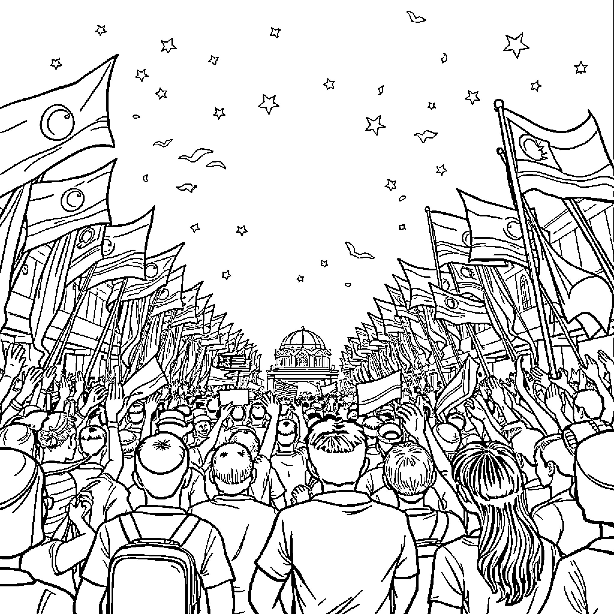 Merdeka: Crowd Celebrating Independence with Flags and Cheers Coloring Page (free black-and-white line drawing printable PDF for all, from beginners to advanced learners, including children, teens, adults, and seniors)
