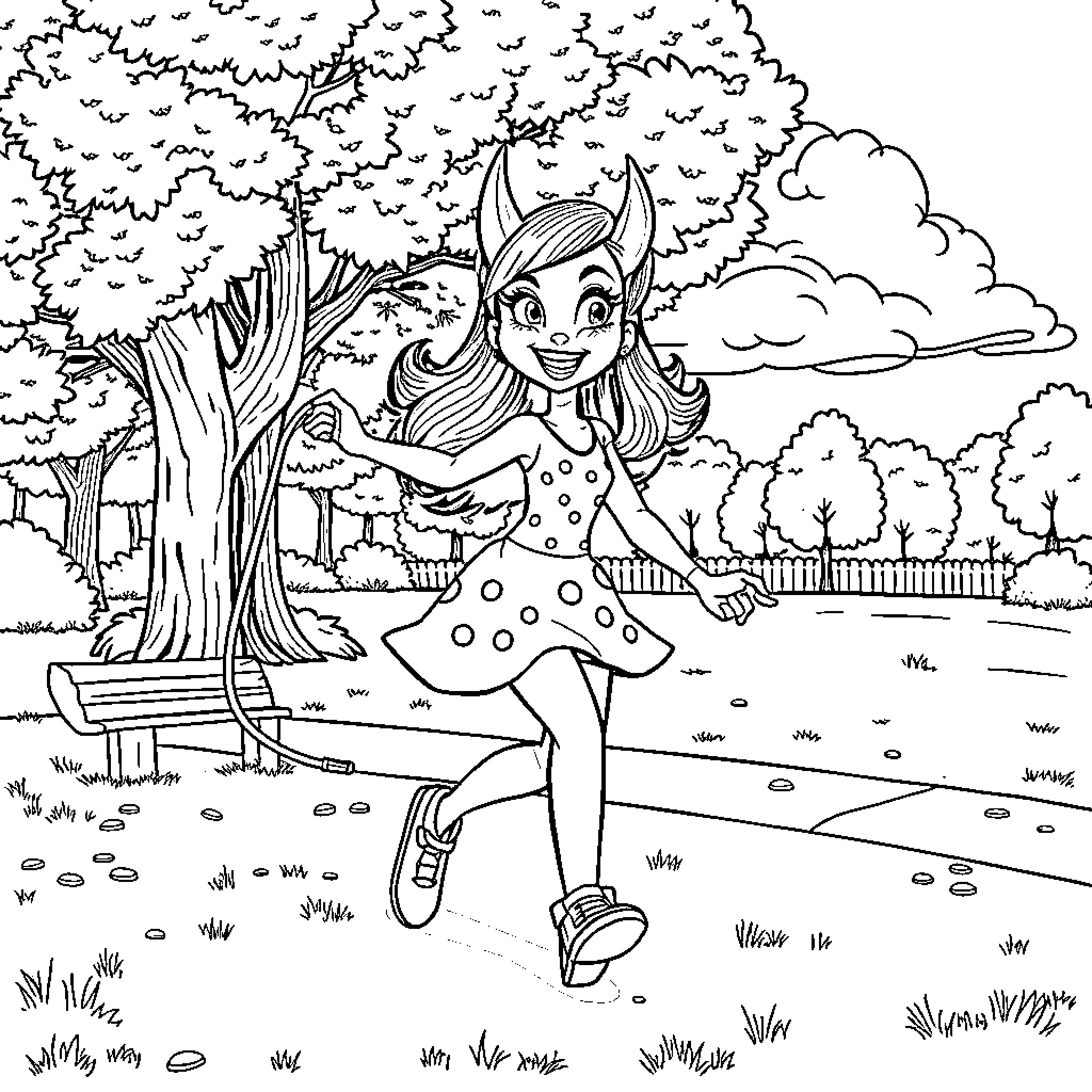 Zoey's Outdoor Adventure in the Forest Coloring Page (free black-and-white line drawing printable PDF for all, from beginners to advanced learners, including children, teens, adults, and seniors)