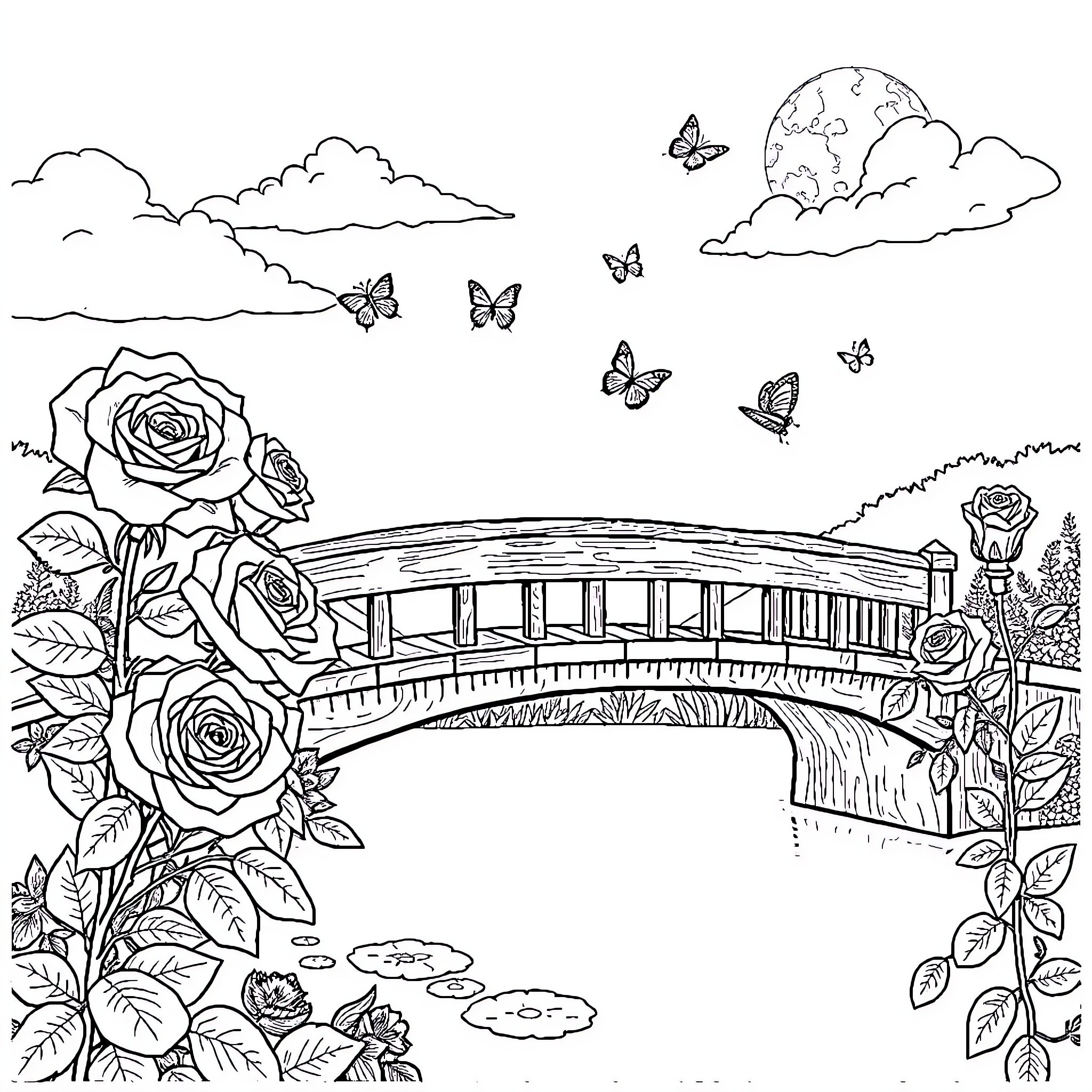 Rose-framed bridge over tranquil pond with butterflies Coloring Page (free black-and-white line drawing printable PDF for all, from beginners to advanced learners, including children, teens, adults, and seniors)