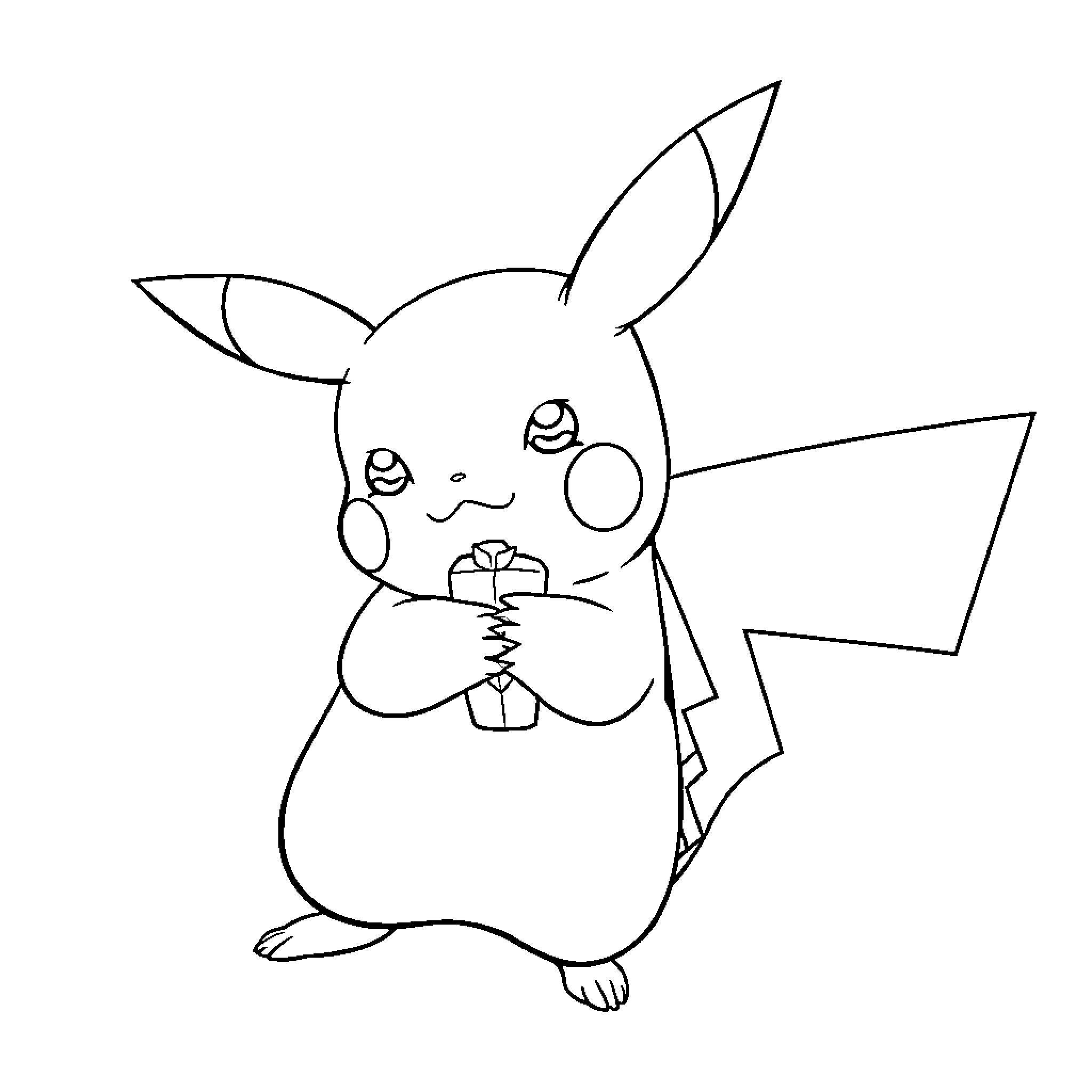 Pikachu holding a present happily Coloring Page (free black-and-white line drawing printable PDF for all, from beginners to advanced learners, including children, teens, adults, and seniors)