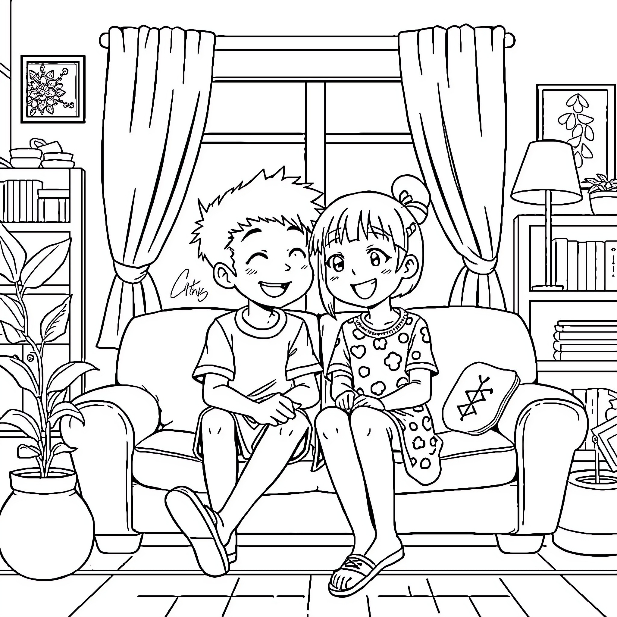 Nobita and Shizuka's Cozy Afternoon Indoors Coloring Page (free black-and-white line drawing printable PDF for all, from beginners to advanced learners, including children, teens, adults, and seniors)