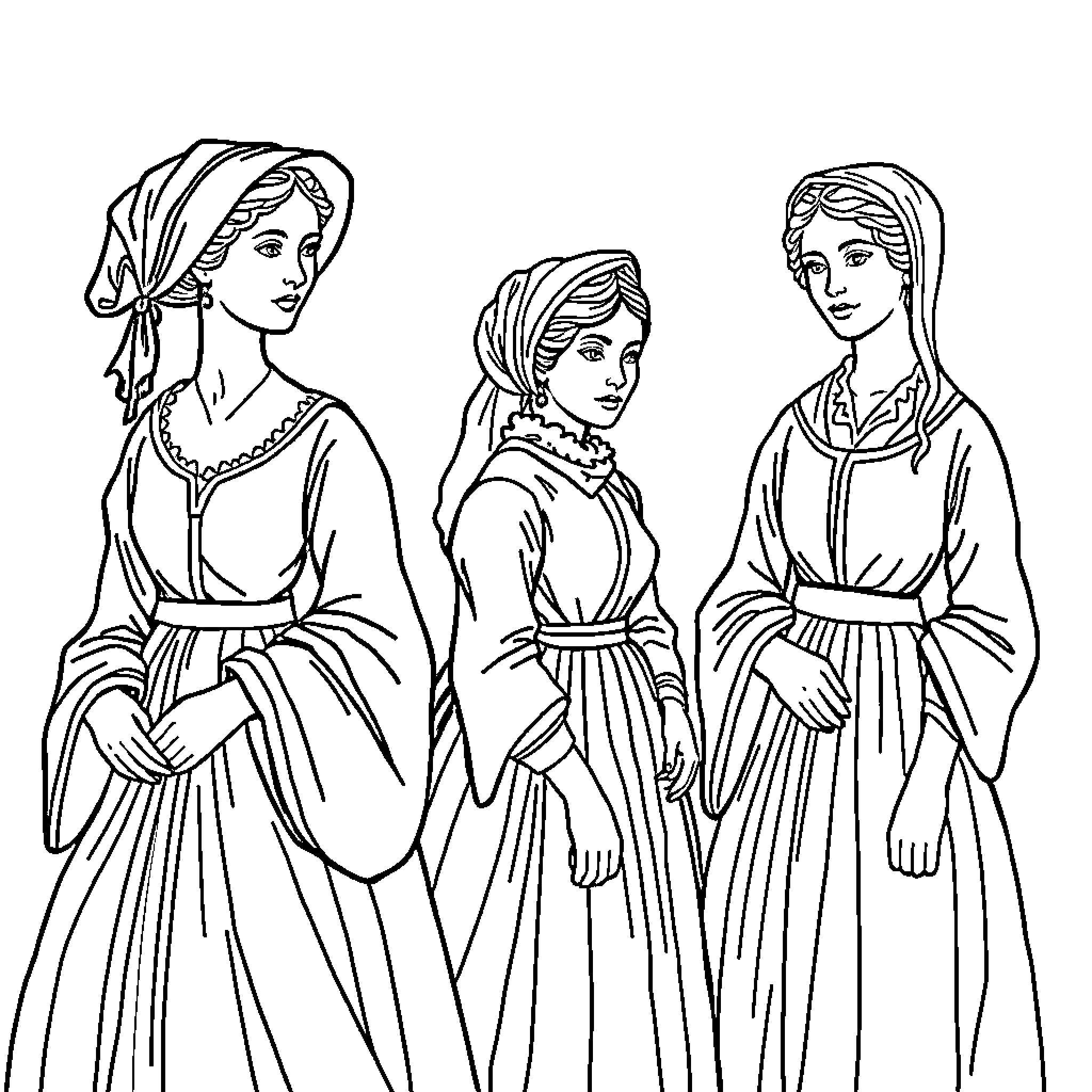 Black Women of Victorian Era Depicted in Vintage Illustration Coloring Page (free black-and-white line drawing printable PDF for all, from beginners to advanced learners, including children, teens, adults, and seniors)