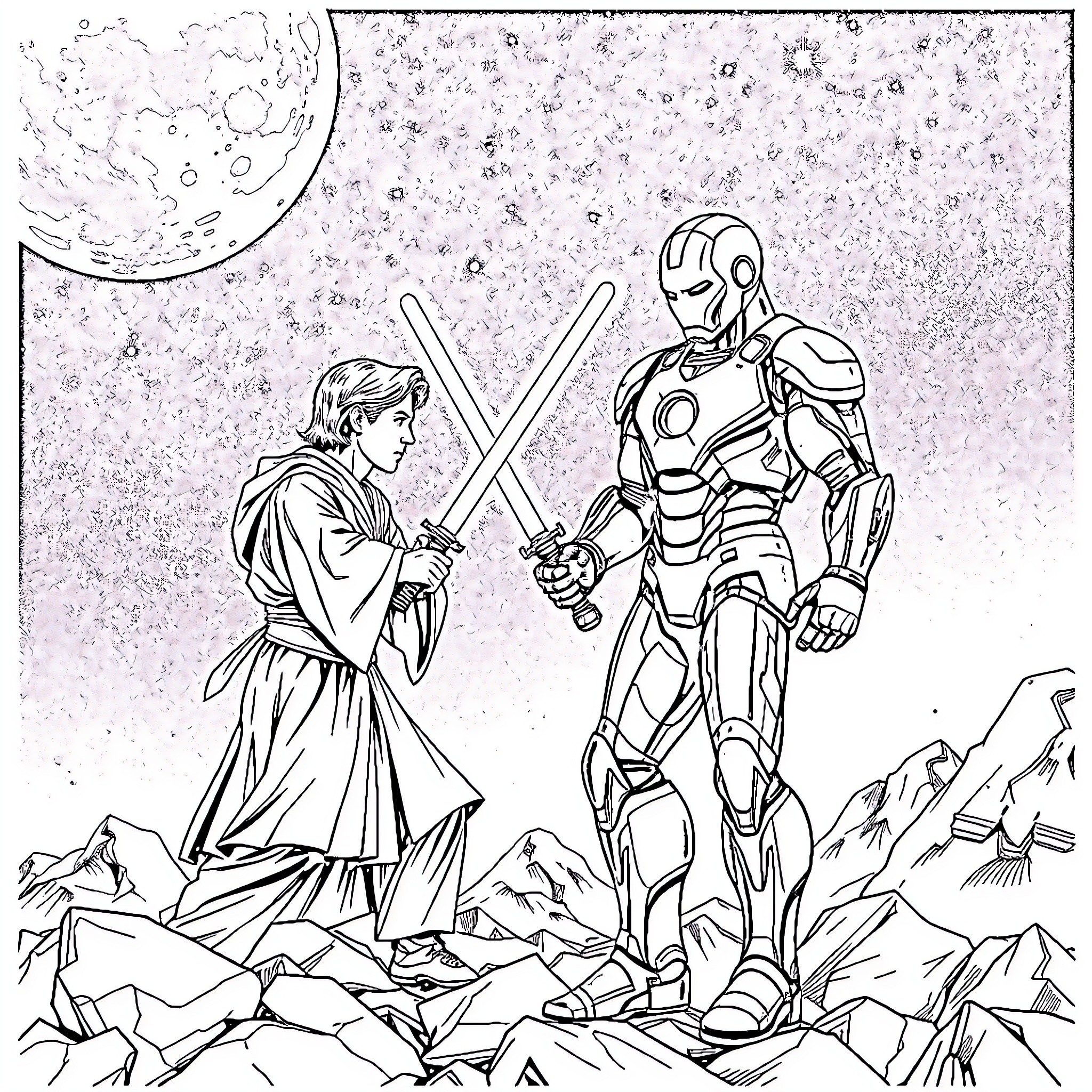 Obi-Wan Kenobi confronts Iron Man in a snowy landscape Coloring Page (free black-and-white line drawing printable PDF for all, from beginners to advanced learners, including children, teens, adults, and seniors)