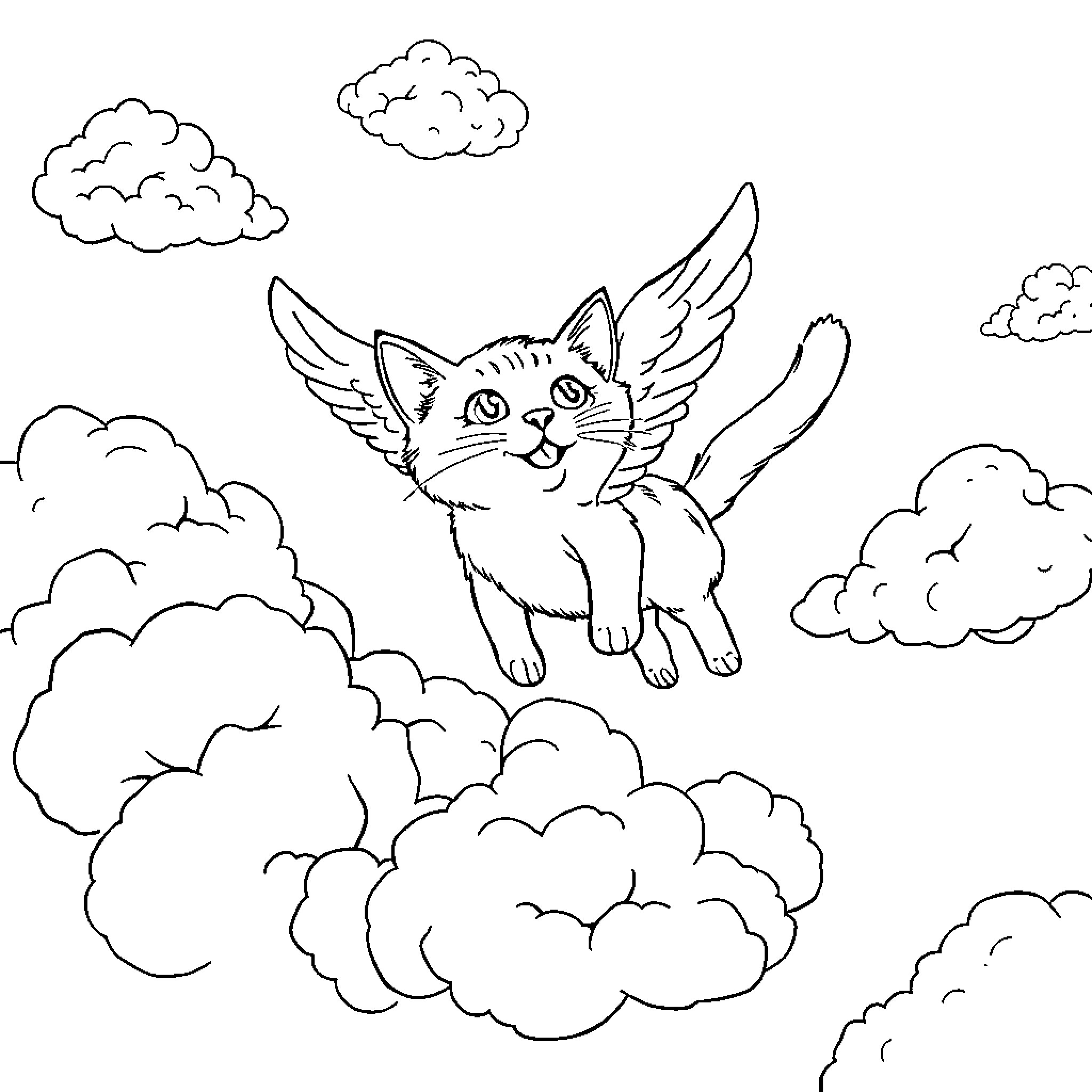 Cat with wings flying among clouds Coloring Page (free black-and-white line drawing printable PDF for all, from beginners to advanced learners, including children, teens, adults, and seniors)