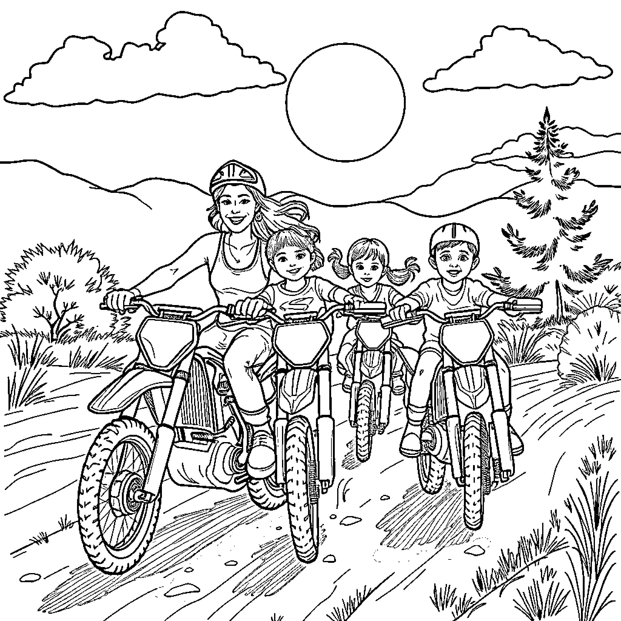 Dirt Bike Riders in Outdoor Adventure Coloring Page (free black-and-white line drawing printable PDF for all, from beginners to advanced learners, including children, teens, adults, and seniors)