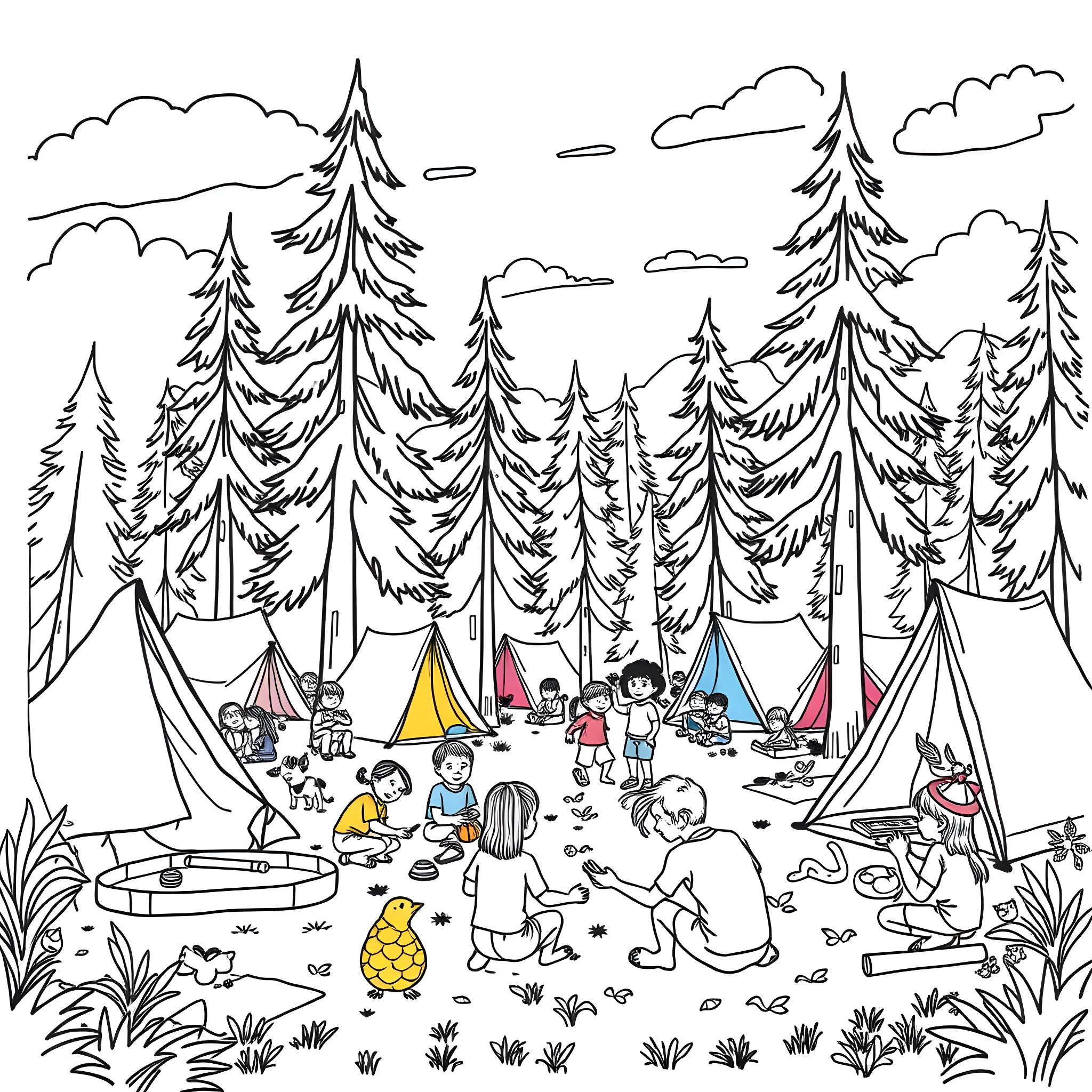 Kid's camping adventure in the forest Coloring Page (free black-and-white line drawing printable PDF for all, from beginners to advanced learners, including children, teens, adults, and seniors)
