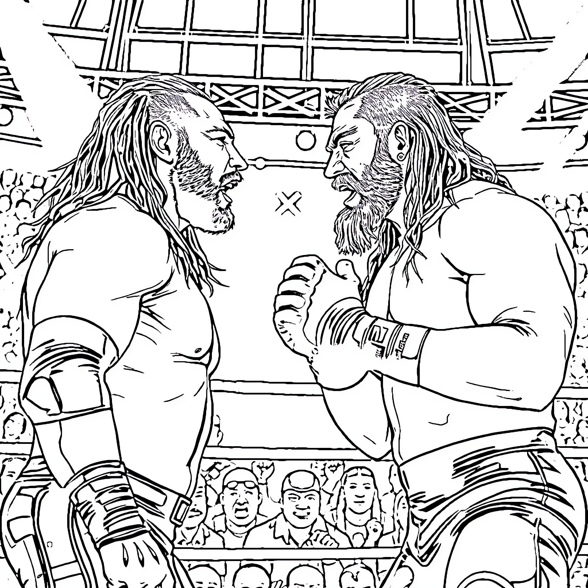 Wrestling match between two muscular men in a ring Coloring Page (free black-and-white line drawing printable PDF for all, from beginners to advanced learners, including children, teens, adults, and seniors)