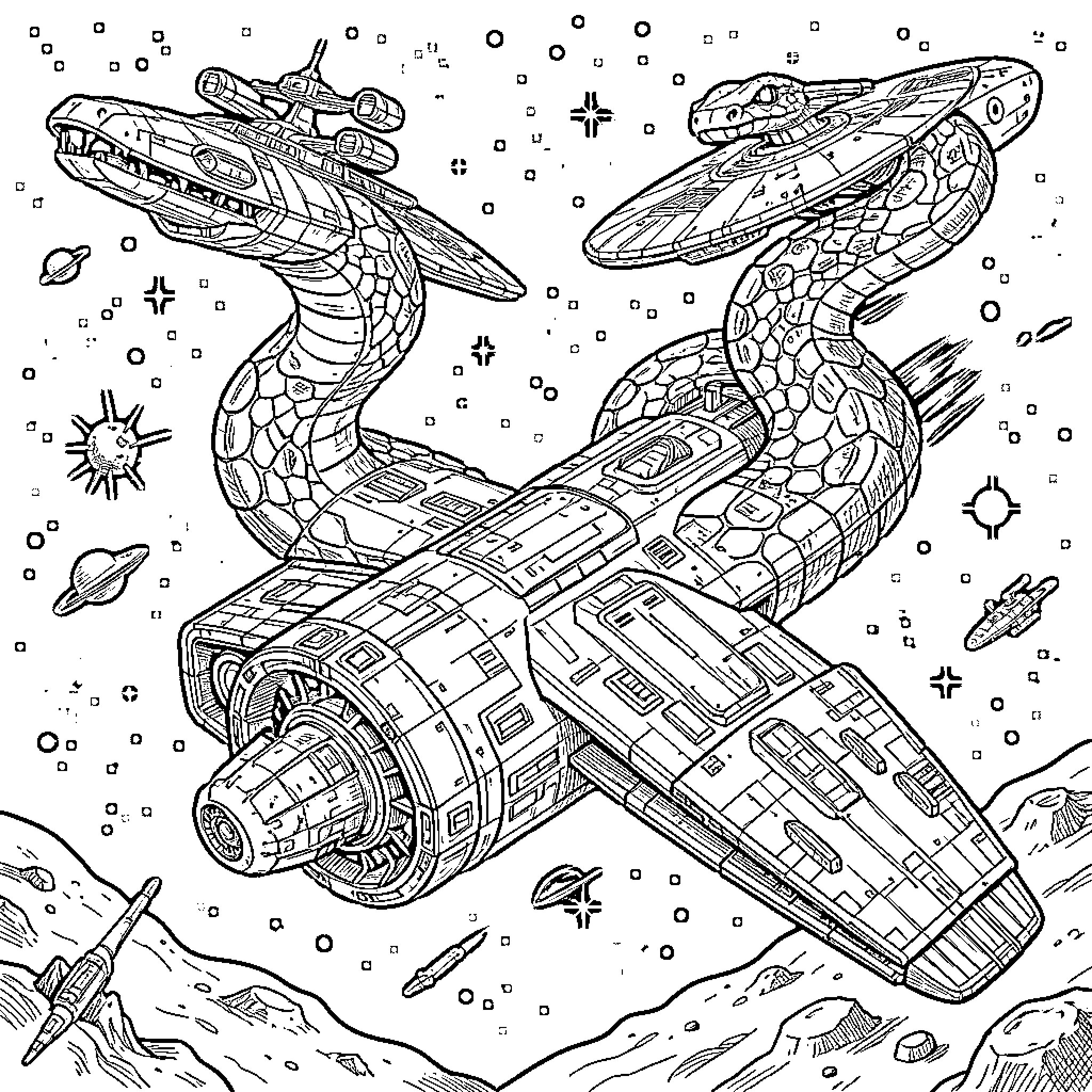 Anaconda shaped spacecraft soaring through a cosmic starfield Coloring Page (free black-and-white line drawing printable PDF for all, from beginners to advanced learners, including children, teens, adults, and seniors)