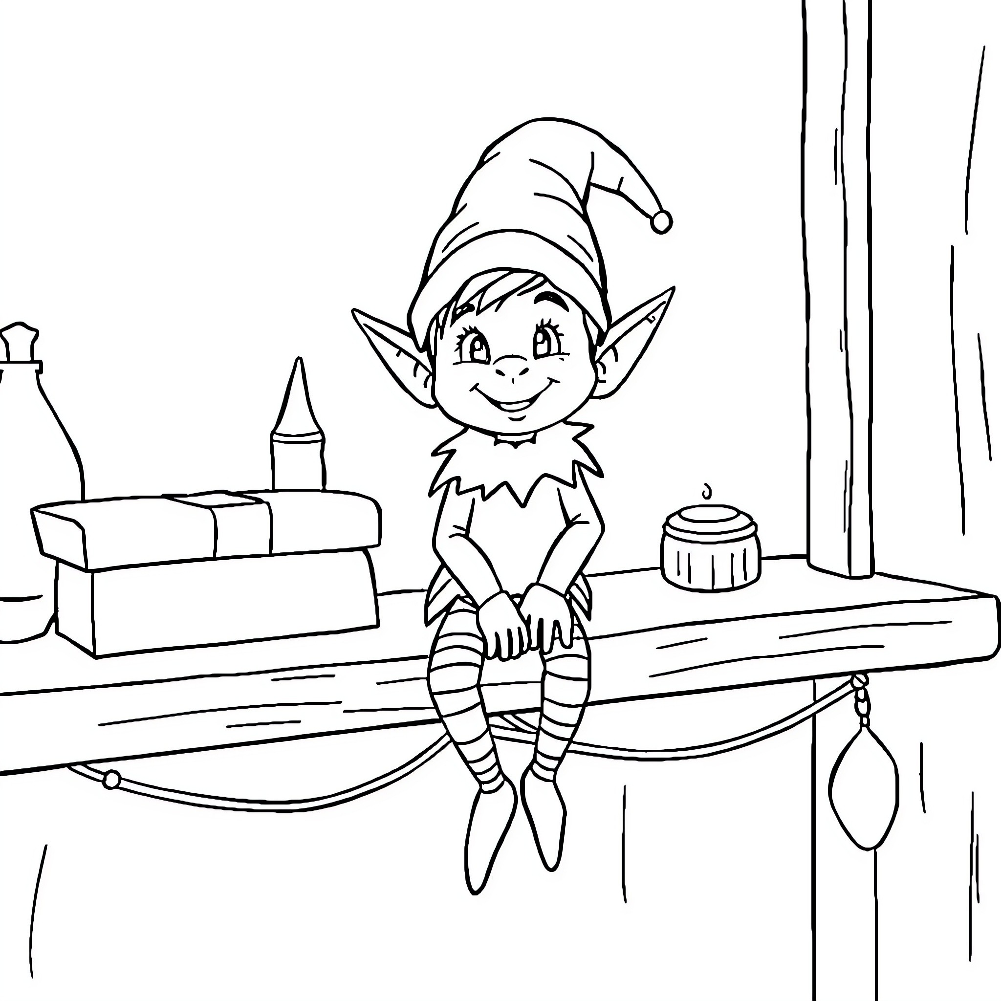 Elf Relaxing in the Workshop Coloring Page (free black-and-white line drawing printable PDF for all, from beginners to advanced learners, including children, teens, adults, and seniors)