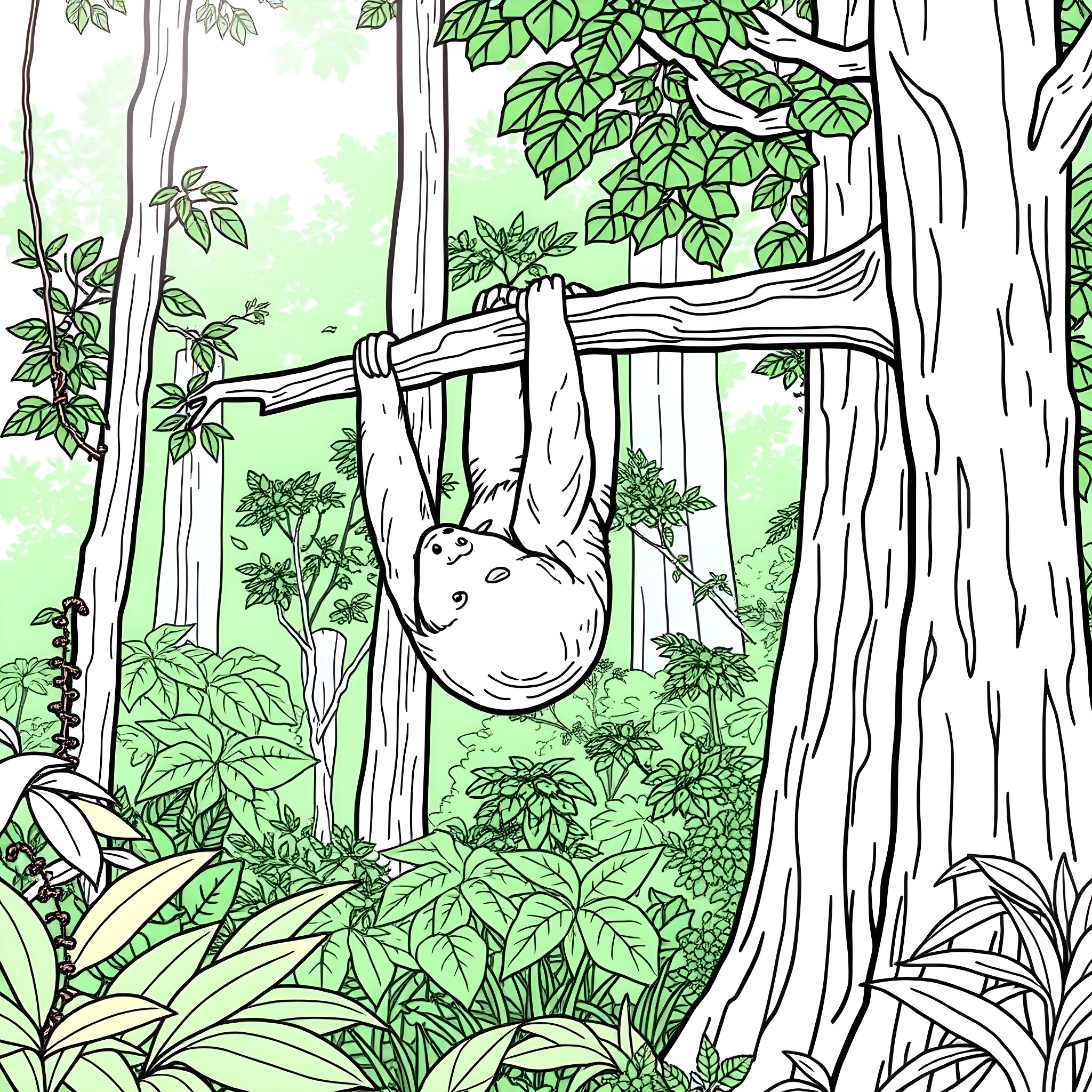 Sloth relaxing peacefully in the lush forest Coloring Page (free black-and-white line drawing printable PDF for all, from beginners to advanced learners, including children, teens, adults, and seniors)