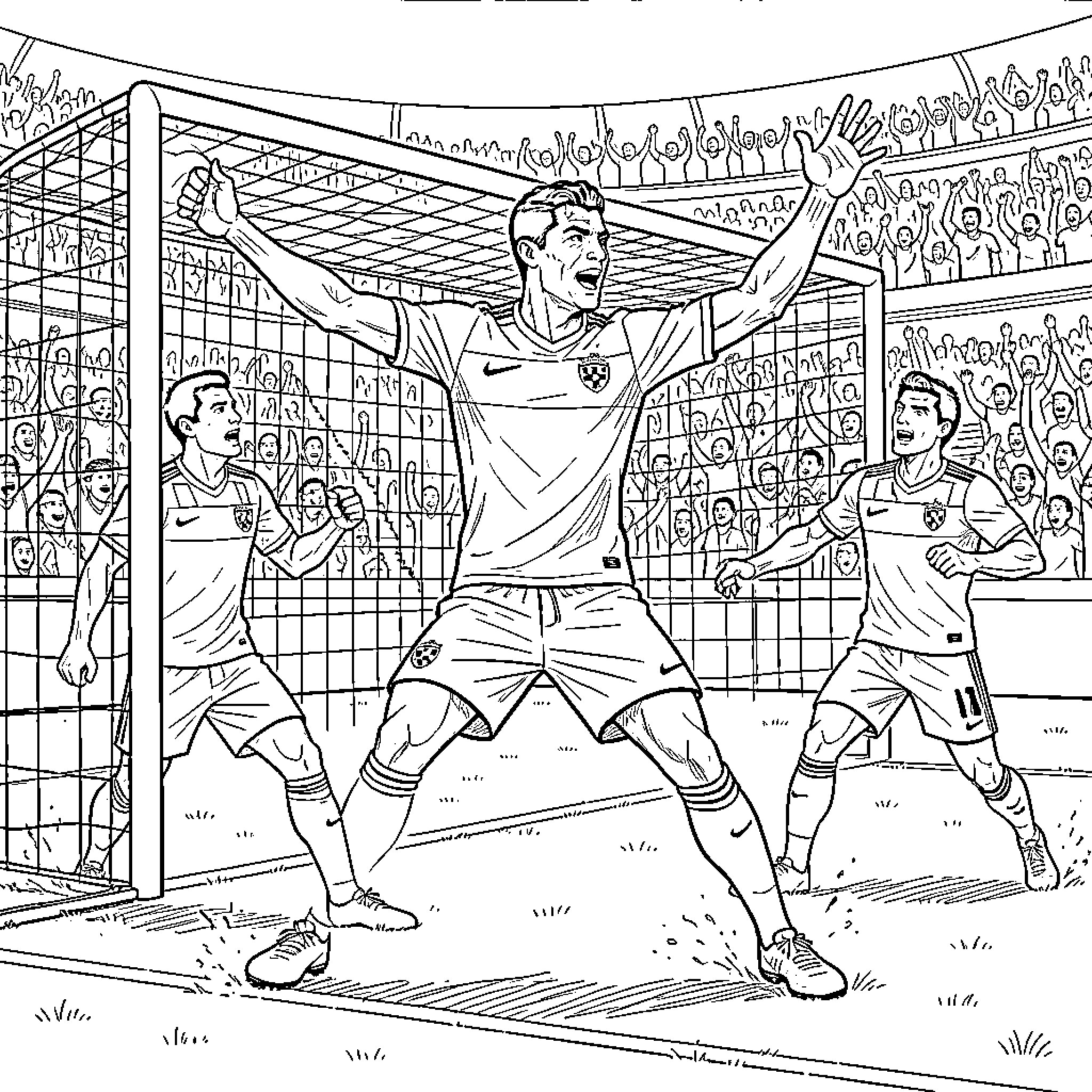 Ronaldo celebrating a goal in front of the crowd Coloring Page (free black-and-white line drawing printable PDF for all, from beginners to advanced learners, including children, teens, adults, and seniors)