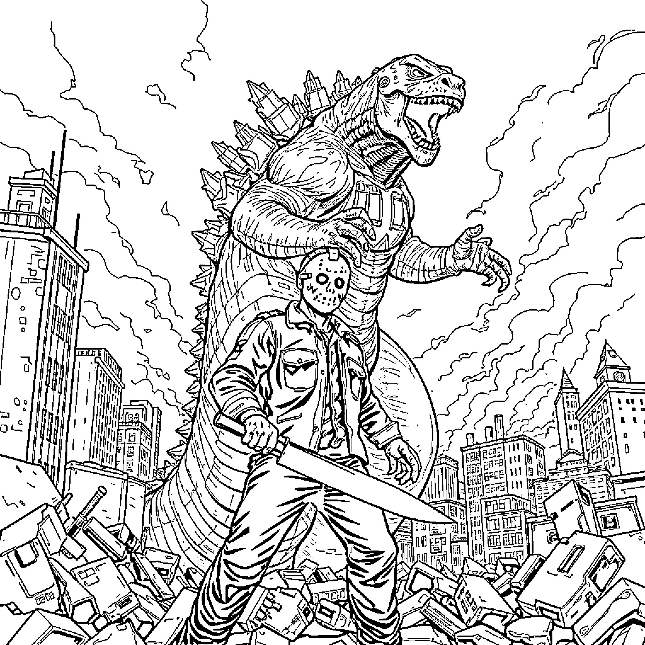 Jason Voorhees Unleashing Destruction in the City Coloring Page (free black-and-white line drawing printable PDF for all, from beginners to advanced learners, including children, teens, adults, and seniors)