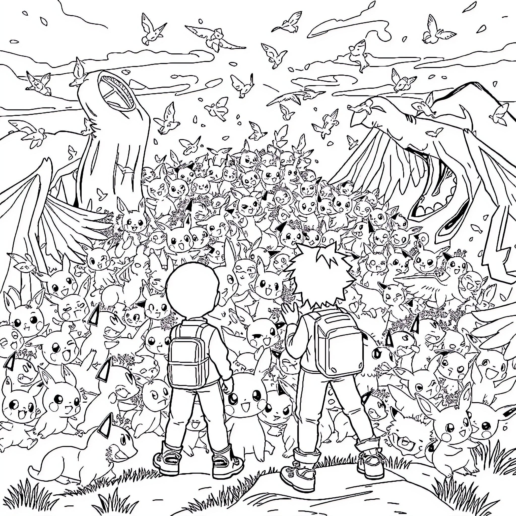 Pokémon Trainers Surrounded by Diverse Creatures Coloring Page (free black-and-white line drawing printable PDF for all, from beginners to advanced learners, including children, teens, adults, and seniors)
