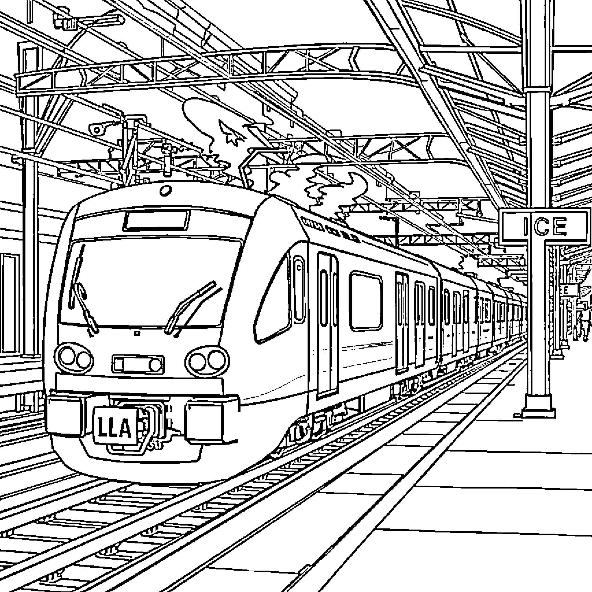 Train Arriving at Busy City Train Station Coloring Page (free black-and-white line drawing printable PDF for all, from beginners to advanced learners, including children, teens, adults, and seniors)